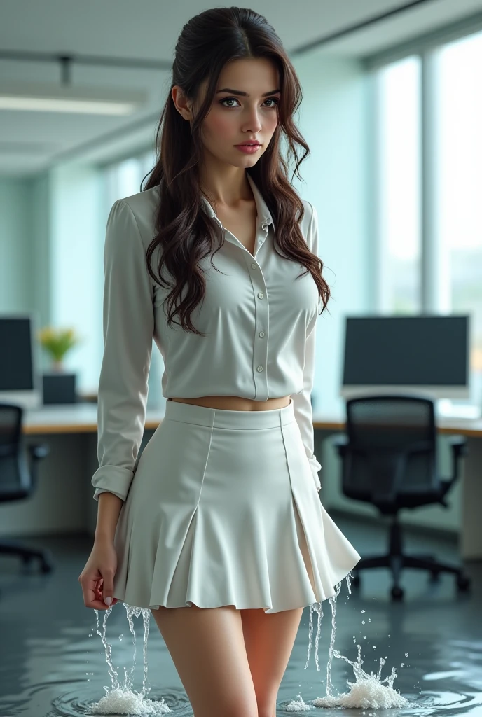 Focus area: Dynamic points (21 Points), Zoom focus, Sweat and wet clothes, Edit photo of a sports girl, Slim, Toned body, shapely legs, White skin, Green eyes, Long brown hair, 1.Height 78 cm, 17 years old, Sexy, big breasts and big breasts, Flirting posture, Arms outstretched, Translucent shirt reflective underside, Extremely detailed eyes, detailed symmetric realistic face, extremely detailed natural texture, beige blouse, décolleté, Big chest, Perfect high-detail pointers, Perfect for high detail fingers, Beautiful face, High detail perfect eyes, beautiful gradation, Beautiful girl, clean detailed, Dynamic pose, huge boob, Girl student uniform, green mini skirt, Ultra HD digital painting, Ultra-detailed ternary colors, illusory engine, Fantastical, intricately details, Complementary colors, 8K resolution, Heavy strokes, Dynamic light sources, nikon d850 film stock photograph, Kodak Portra 400 camera F1.6 shots, Extremely detailed, Amazing, finedetail, Rich colors, hyper realistic lifelike texture, Dramatic lighting,cleavage