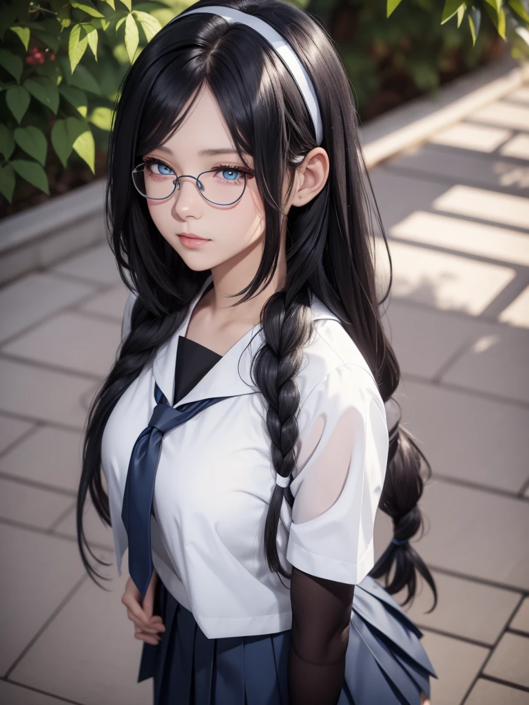 ((highest quality)), ((masterpiece)), (detailed), Perfect Face、Tattered dress、Long Hair、Black Hair、In the ruins、Glasses、Sunshine pours in、Grass grows、old buildings、