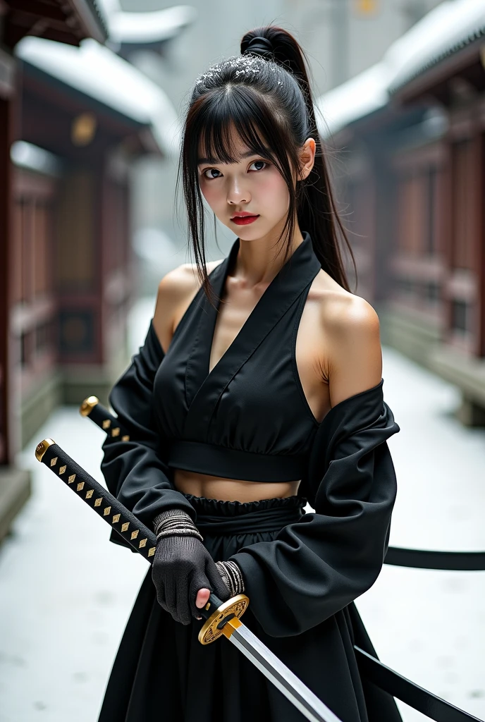 beautiful japanese woman with big boobs in revealing short ninja costume, preparing to strike, fighting pose, confident look, kung fu
