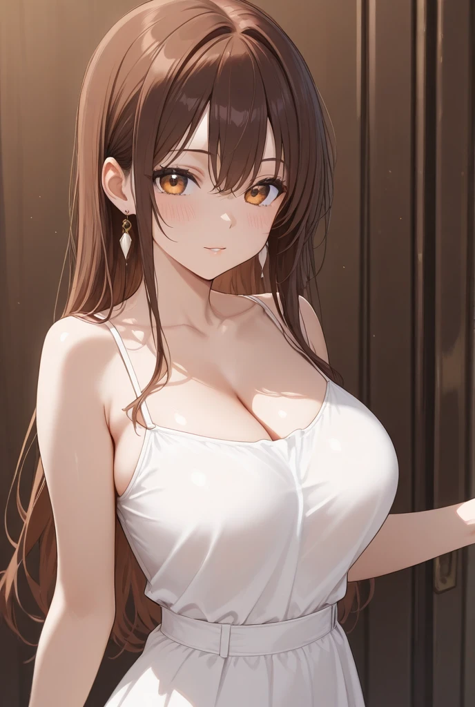 Girl with long brown hair and light yellow eyes with a sensual smile wearing a white nightgown that goes up to her chest and falls over her shoulders leaving her breasts naked and exposed