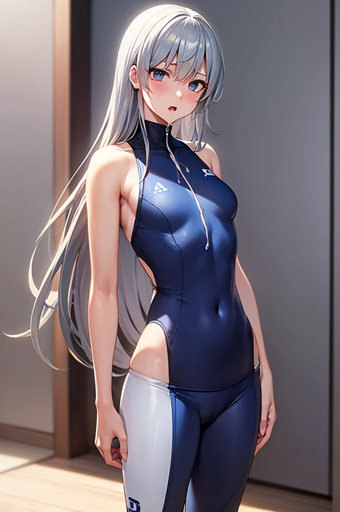 Tomboy,Dual Horsetail,Light of the sun,はっきりとしたAbdominal muscles,Bend your legs,Spread your legs,Place your hands on your knees,Silver Hair,Abdominal muscles,White one piece skinny swimsuit,Wear with white knee-high stockings.,semi-recumbent position