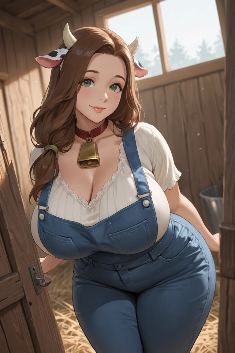 masterpiece, best quality, 1girl, solo, gscowgirl, smile, huge breasts, cleavage, overalls, white shirt, farm, field, wooden fence, curvy(((full body))) , (((sexy pose, model pose, standing pose)))(Double Dutch Braid:1.2)((Huge hips:1.3)),(tight stockings:1.6)(Gigantic Sagging Breasts:1.2)