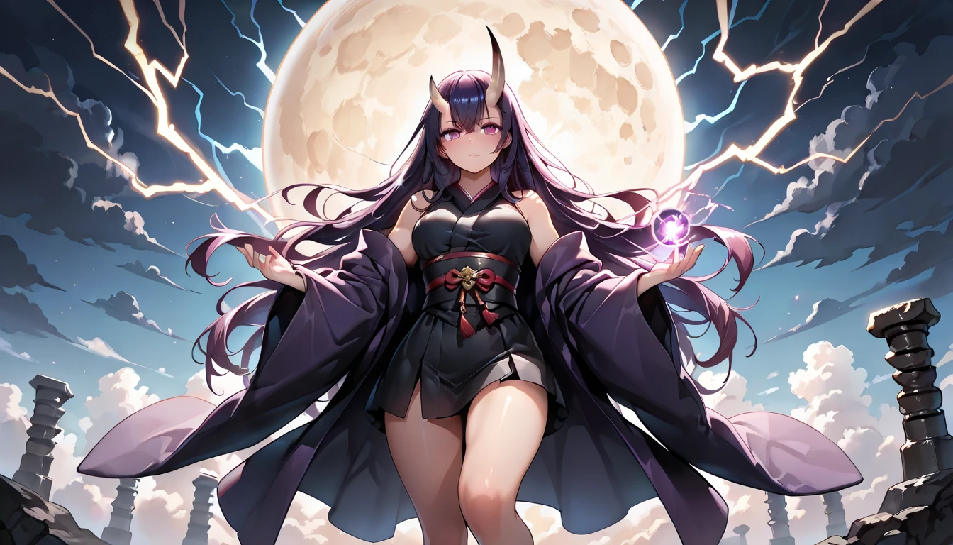 A woman wearing a traditional black yukata, traditional Japanese shoes, bare shoulders, large breasts, yellow eyes, dark purple hair, long hair, kitsune ears, walking in an open area with a cloudy sky. sky with storm, purple lightning in the sky giving purple lightning in the sky, full body, smiling, drop shadow, atmospheric perspective, flourish, 8k, super detail, accurate, best quality, UHD, anatomically correct, textured skin, high quality, high resolution , best quality (solo woman)
