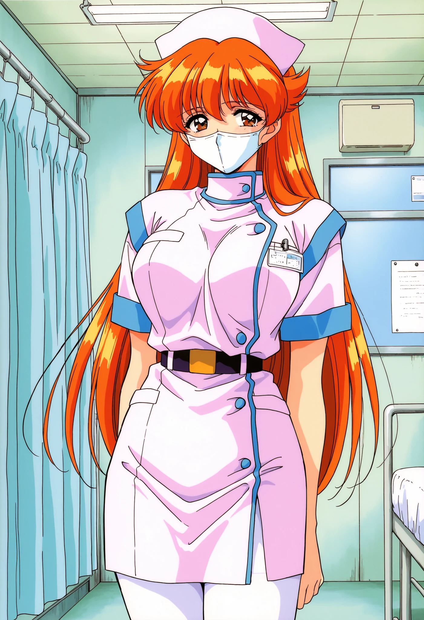 Score_9, score_8_up, score_7_up, source_anime, Nogiwa_Miho_OVA, solo, long hair, orange hair, bangs, brown eyes, large breasts, 1990s (style), (best quality), (high quality), {masterpiece}, extremely delicate and beautiful, ultra-detailed, beautiful detailed eyes, nurse, nurse cap, white pantyhose, belt, short sleeves, hospital room, ((white mask, mouth mask, covered nose)), standing