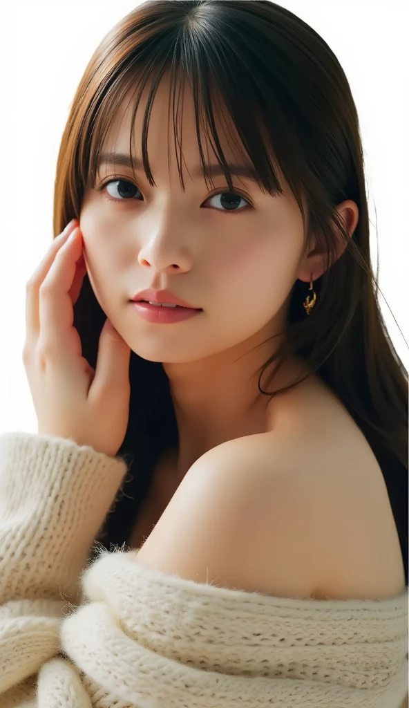 (knitwear), (top-quality, masterpiece:1.3, Super high resolution), (Photorealsitic:1.4, RAW shooting), Ultra-realistic capture, A highly detailed, high-definition 16K for human skin, Wistful, A skinny Japanese woman, 30 years old, cute face, ((Sadness face)), detailed face, detailed eyes, ((correct anatomy)), A dark-haired, Middle hair, ((Background of the sea in a starry night)), (((looking up afar at starry sky))), hair blowing in the wind