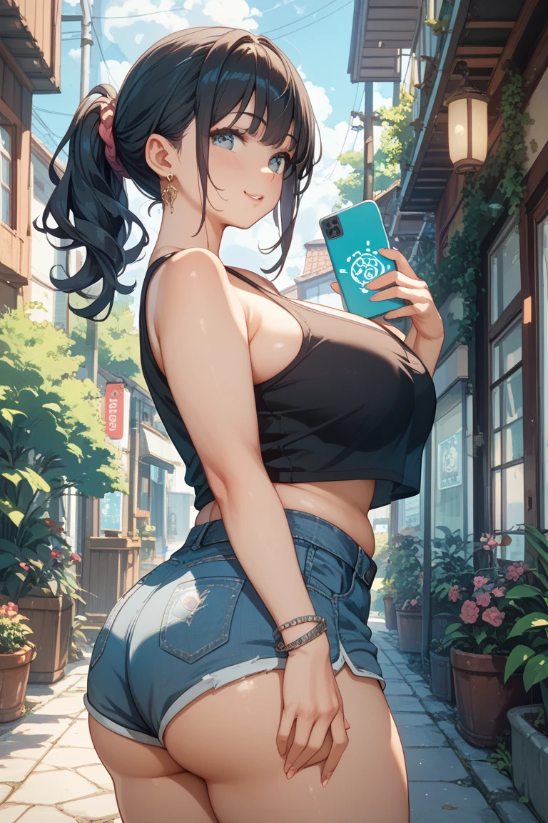 ((Masterpiece, best quality)), edgQuality, minamikurose, blue eyes, jewelry, purple hair, earrings, blush, lipstick, evil smile, outdoors, rooftop, cityscape, building, railing, night, night sky, scenery, moon, city lights,
edgBIC,bikini under clothes, 1girl, solo, breasts, miniskirt, red eyes, gloves, white background, navel, holding, cleavage, jewelry, swimsuit, , bikini, earrings, choker, belt, fingerless gloves, pink eyes, nail polish,makeup, black bikini,  phone, piercing, cellphone,  ear piercing, black nails, smartphone, holding phone, selfie ,wearing edgBIC, navel piercing,