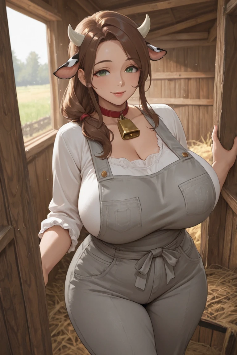 Masterpiece, hi res, absurdres, Best Quality, 4K, 8K, detailed, Mature female , curvy, Big ass, thick,tall,Brown hair,cow horns,cow ears,cow tail, smiling, prominent lips, holding a basket full of eggs