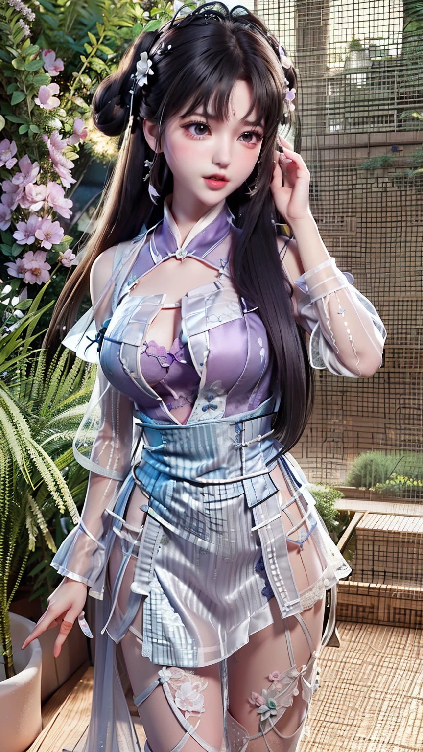 Two good-looking sexy asian beauties with long hair in transparent cheongsam, vacuum, big breasts, bumps, realism, full body, standing, long legs, high heels, outdoors