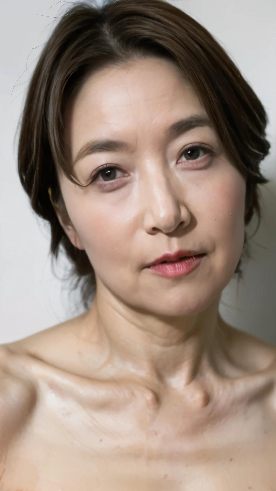 masterpiece, ((Great Focus)), 32K, Beautiful finish, Beautiful mature woman, 120-year-old woman, Portraiture, View from the front, Short Bob, Red lips, Thin lips, Completely naked, Round 1, Light from the front,