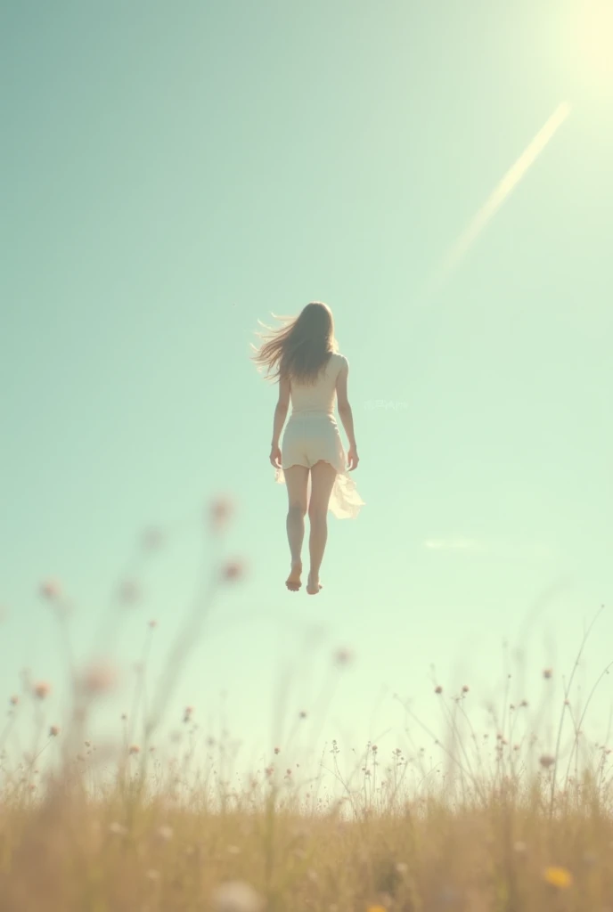 naked woman running in a field, side view