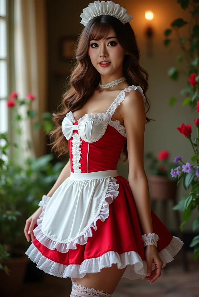 Foreground: a gorgeous white Russian woman, Large firm breasts, light tan, stylish brunette hair, blowing in the wind. she's a men magazine model, She has a subtle smile and flirts with the camera, (she is wearing a red dress, maid ), realistic hands, background, modelling in a modern mansion kitchen, sexy pose (perfect eyes:1.21), perfect hands, perfect body, perfect hair, large breasts, hair behind ear, happy attitude, UHD, retina, masterpiece, accurate, anatomically correct, textured skin, super detail, high details, high quality, award winning, best quality, high res, 16k, 8k,
