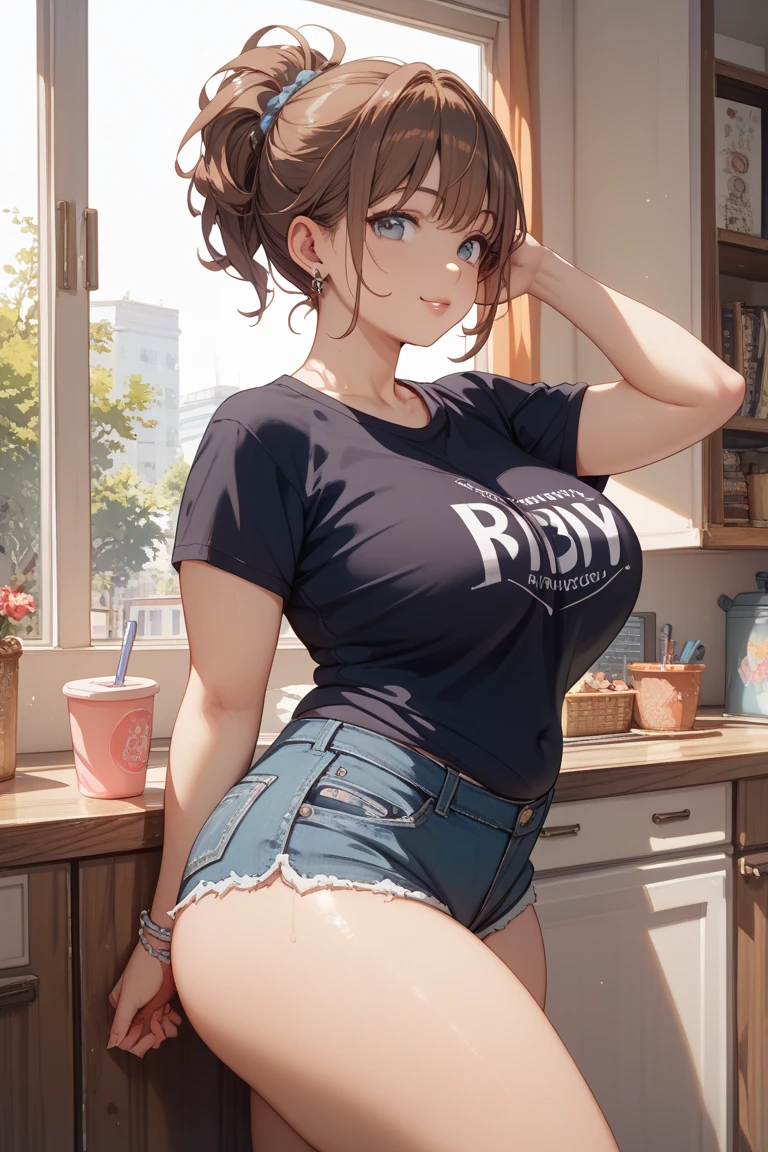 Adult woman, short brown hair, brown eyes, smile, jeans, yellow sweater, open belly, big breasts, Masterpiece, best quality, Full HD, 8k, ultra details, great graphic
