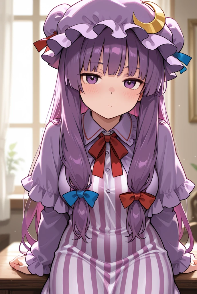 ((best quality)), mature, patchouli_knowledge, upper body, cup of coffee, blushing, smile, purple hat, purple eyes, (crescent hat ornament), 1girl <lora:patchouliLORA-05:1>