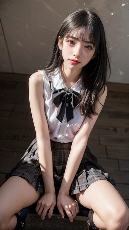 A beautiful girl with a super cute face and a tsundere personality、The highest standard of ultra-high definition full-body photos、(Small face)、No makeup、Sexy lips、Chignon hairstyle、Nakedness shows throughＴshirt、Gingham check pleated skirt、bust８８CM、Waist４７CM、Hip８５CM、Back of the school building