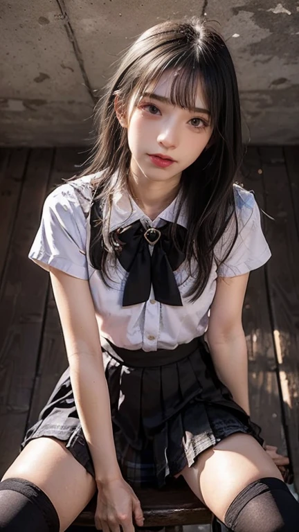 (masterpiece, highest quality:1.2), 8K, young beautiful girl, 85mm,Official AR RAW photo, baby face、big breasts、show me your ears、photo shoot, cute face, thighs, After school classroom, looking at the viewer, embarrassing、smile、no makeup, film grain, chromatic aberration, sharp focus, face light, clear lighting, Ten generations, detailed face, background bokeh、((((((15 year old high school girl))))))、thin waist、sailor suit、dark blue mini skirt、white small panties