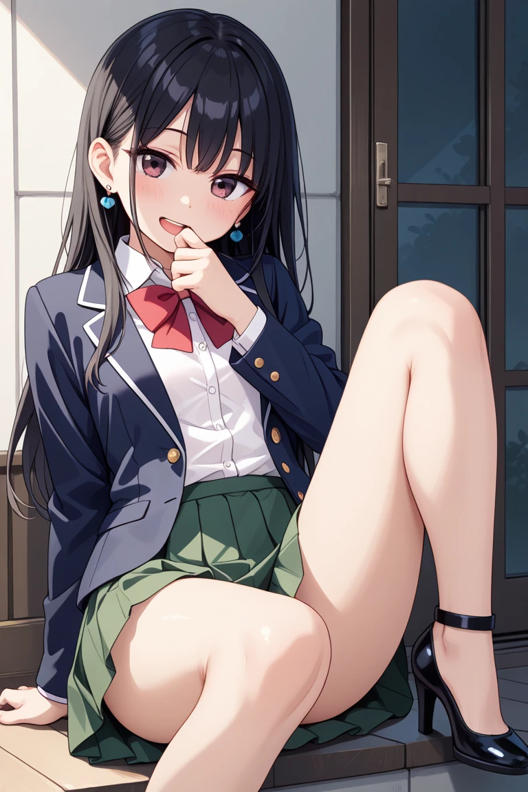 girl、Black Hair、Navy blue blazer、Navy blue pleated skirt、Light blue tie、High school girl naked from the waist down、High school girl uniform on the upper body, Squat、sit、For viewers、、(smile:0.8)、Front view、Exposed female genitalia、Accurate female genitalia、alley