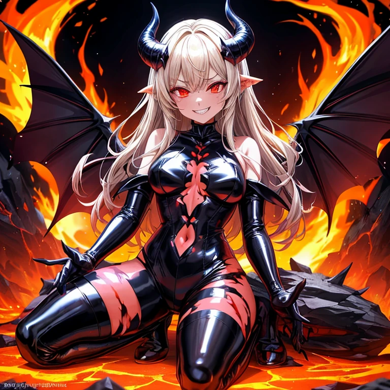 (Cyberpunk Demon waifu), (high resolution), (high res), great quality, mature, very angry face, long fangs, diamond face, perfect eyes, demon tail, wings, strong shadows, (neon light), neon, naked, detailed face, sparks, gargolyes background, hell, night, (attacking), detailed abs, scars, shinying eyes, war pose, long claws, (masterpiece), direct light, underlight, strong jaw, golden sky, large boobs, (Demonic queen), (lewd armor), (no clothes) massive ass, thick thighs, long torso, wide waist, skinny torso, fit, perfect face, (skimpy armor), (colorful vibrant light), futuristic