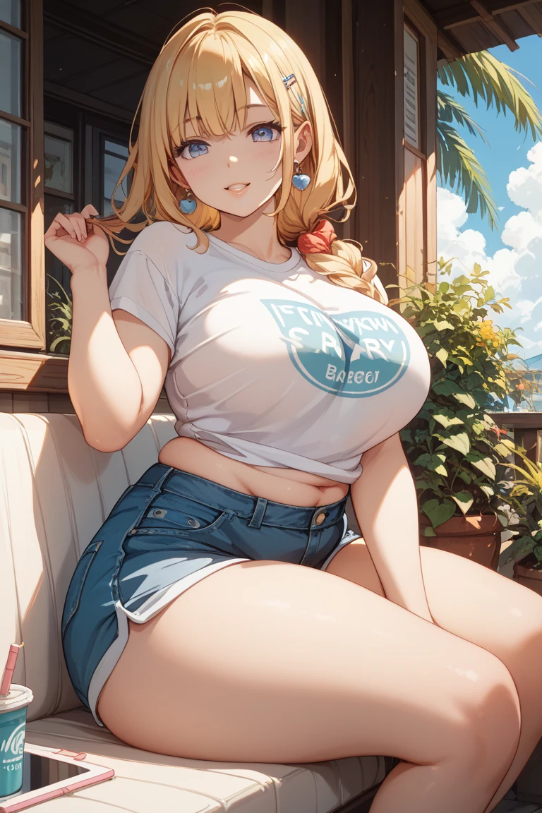 ((highres)), Masterpiece, high quality, best quality, beautiful, perfect lighting, detailed face, ultra cute face, looking at viewer, ((1girl)), ((solo)), cowboy shot, 

long blonde hair, ponytail, blue eyes, crop top, jean shorts, cleavage, medium breasts, wide hips, (thick thighs), pudgy, smile,

Standing on a dock, ocean in background, arms behind back,
