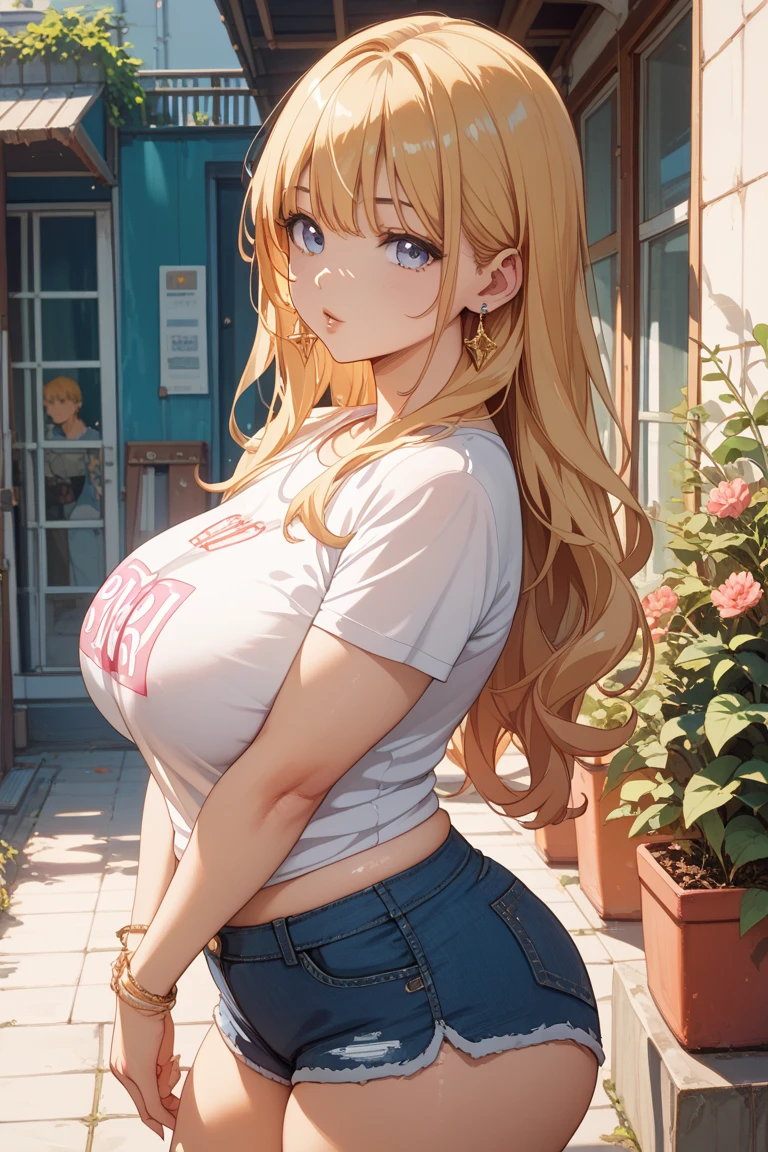 masterpiece, best quality, highres, wide hips, 1girl, from side, lips, smile, looking at viewer, denim shorts, fishnets, outdoors, city <lora:wideHips-10:0.3>, lump, fat, <lora:plumpControl:1>