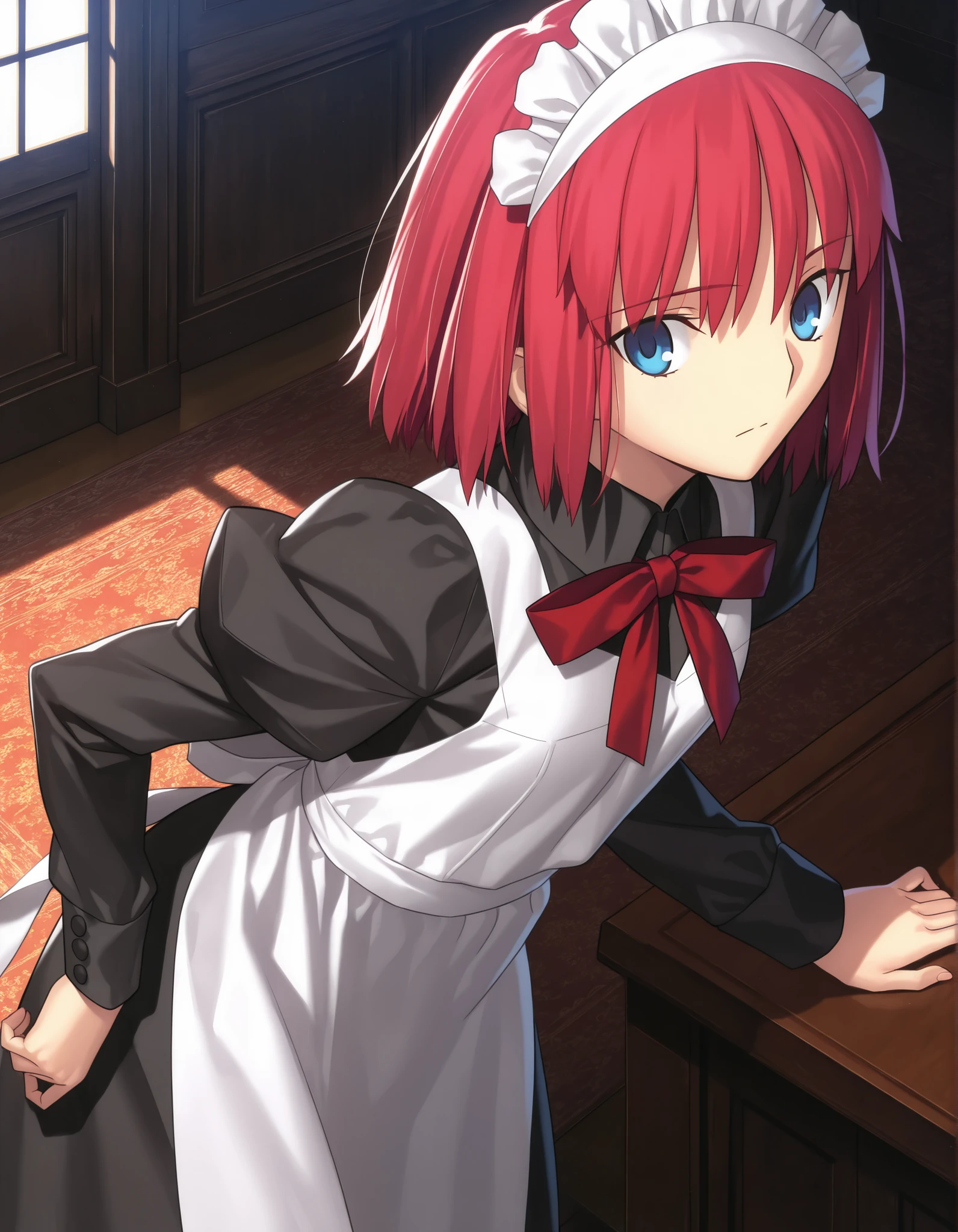 masterpiece, , absurdres, highres, detailed background, high resolution, masterpiece, necessary, detail, best quality, quality, necessary, details, High details, Precise, dark, indoors, from above, day, ,
1girl, , Takeuchi Takashi (type-moon,tsukihime) style, takeuchi takashi style, leaning forward,
girl, (hisui (tsukihime), light blue eyes, red hair, short hair, bob cut, maid headdress, neck ribbon, red ribbon, juliet sleeves, maid, maid apron, collared dress), (tsurime), upturned eyes, ( ), expressionless, ,
(black dress shirt, white apron), , dark red ribbon, small breast, flat chest, , looking back, ,