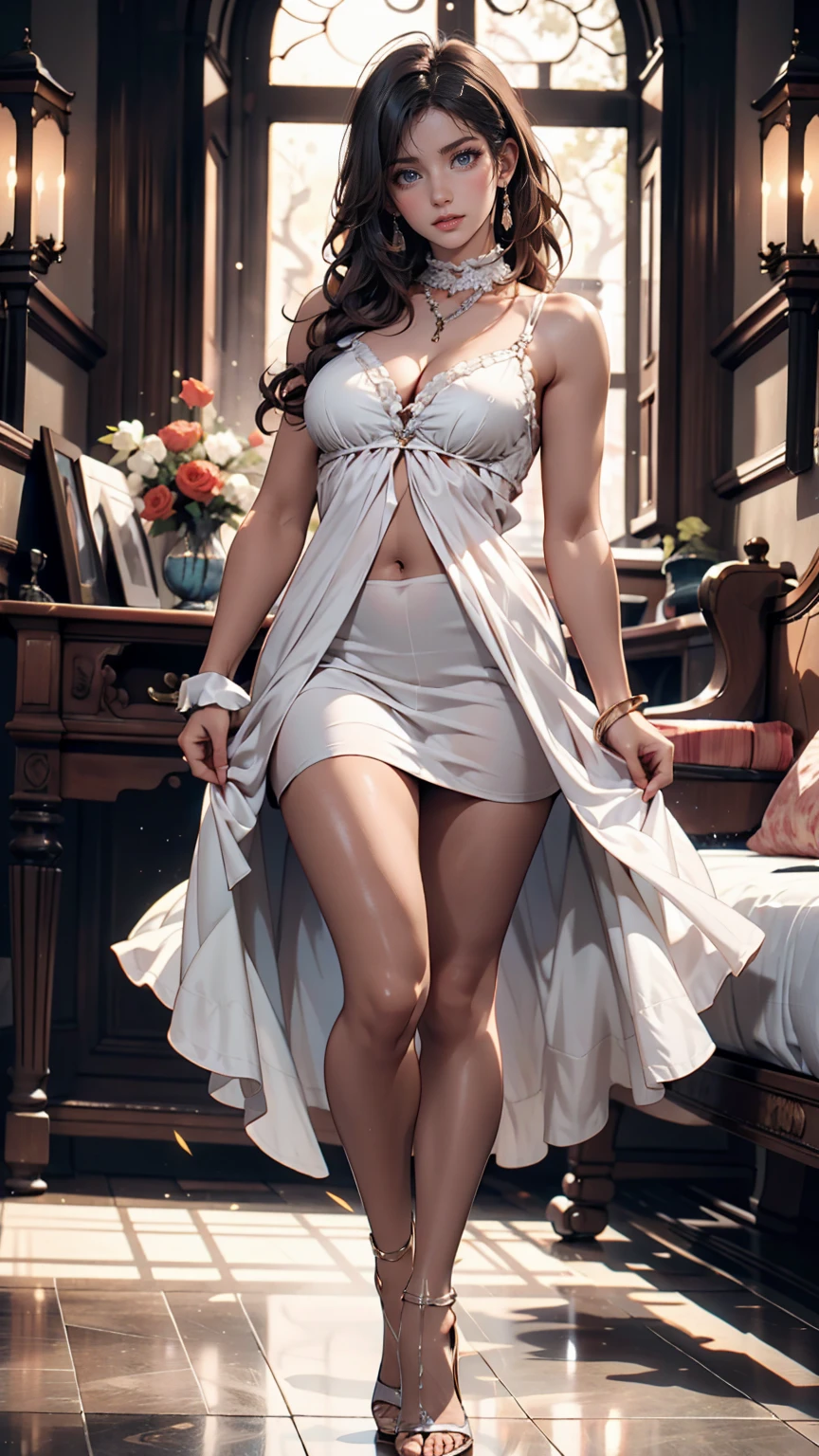 ((Highest quality, Tabletop, Ultra-high resolution、The most complex and detailed depiction))、(Bright lighting:1.1)、(Beautiful woman:1.1)、(Very light wavy hair:1.5)、(Dancer woman), (Arabian Night costume) ,(Lavishly decorated costume),(Colorful sheer outfit),((High heel sandals:1.8,High heels:1.5,)), (Luxuriously decorated necklace,Luxurious decorative bracelet),(Sexy pose:1.5),Best smile:1.5,Full Body Shot:1.5,Gray background:1.5,Blonde wavy hair:1.8,Random Blonde:1.8,Curly Hair:1.8,Long Hair:1.5,sleek bangs:1.8,Large Breasts:1.6,gal,Sunburned skin:1.9,Thin fingers:1.5,smile:1.5,The whites of the eyes are clear:1.8,Centered:1.5,,Tall:1.3,