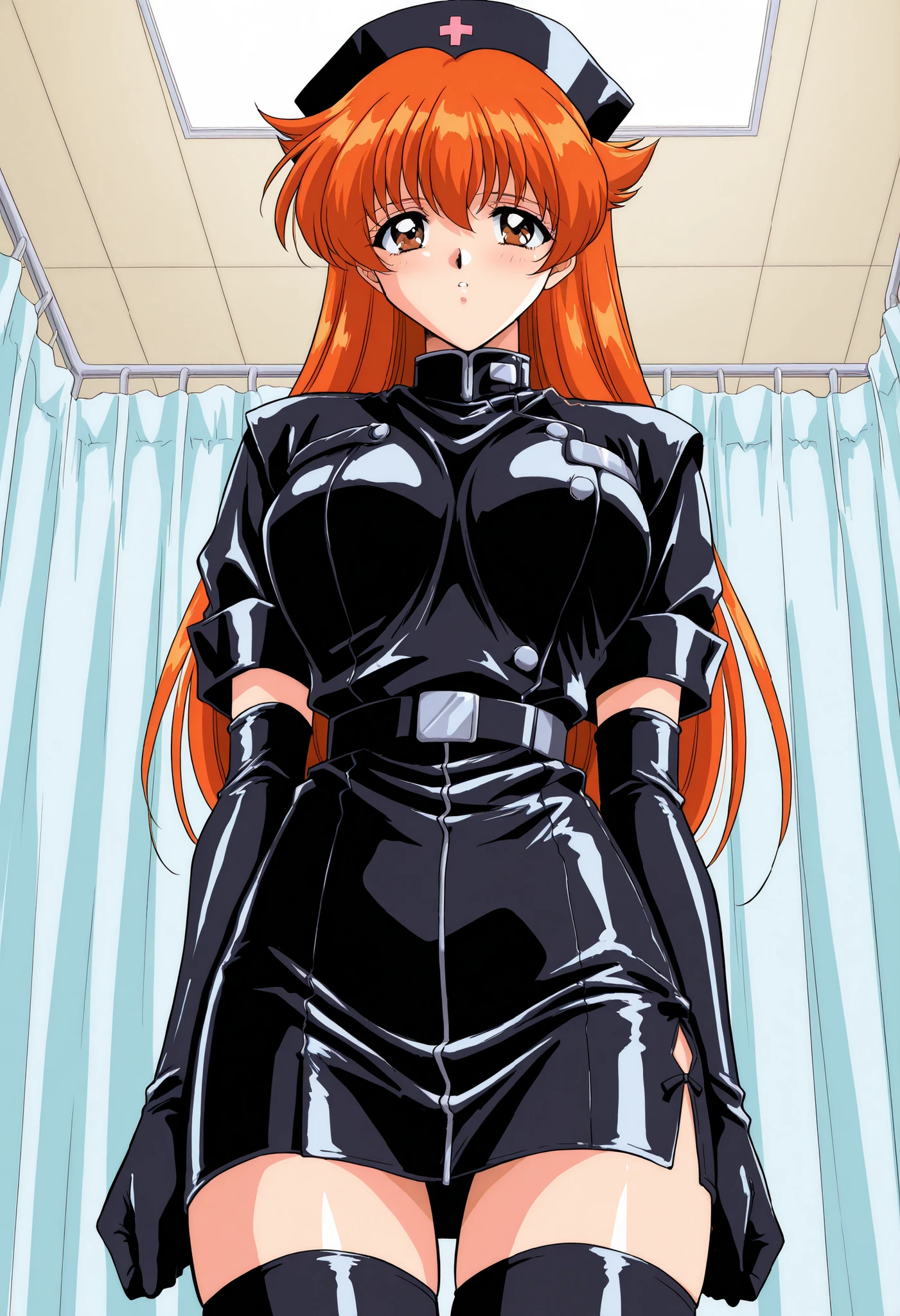 Score_9, score_8_up, score_7_up, source_anime, Nogiwa_Miho_OVA, solo, long hair, orange hair, bangs, brown eyes, large breasts, 1990s (style), enamel leather dark nurse, latex dress, black latex elbow gloves, black latex legwear, latex, latex skirt, (best quality), (high quality), {masterpiece}, extremely delicate and beautiful, ultra-detailed, beautiful detailed eyes, nurse, nurse hat, ((black nurse's outfit)), surgery room, black rubbermask, mask, mouth mask, standing