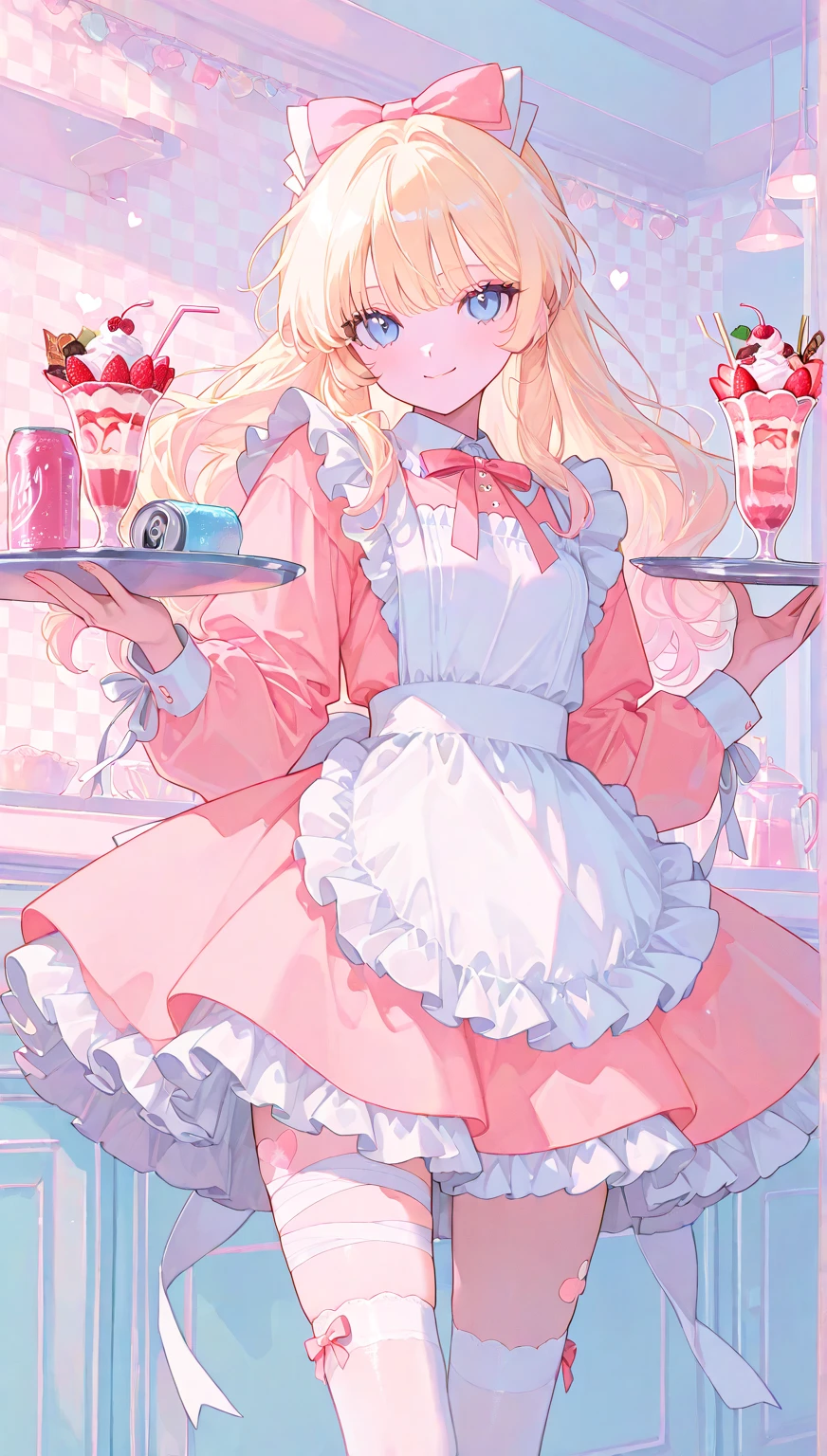 illustration, best quality, dramatic lighting,r17329_illu,usnr,masterpiece, best quality, 8k, highres, ultra-detailed,HDR, UHD, illustration, best quality, pop art,
,1girl, long blonde hair, blue eyes, hair bow, cute maid outfit, frilly dress, apron, thigh-high socks, ribbons, holding drink, soda can, heart-shaped straw, holding tray, parfait, whipped cream, pastel colors, candy-themed accessories, bandage on thigh, cheerful expression, indoors, checkered wallpaper, soft lighting, kawaii aesthetic