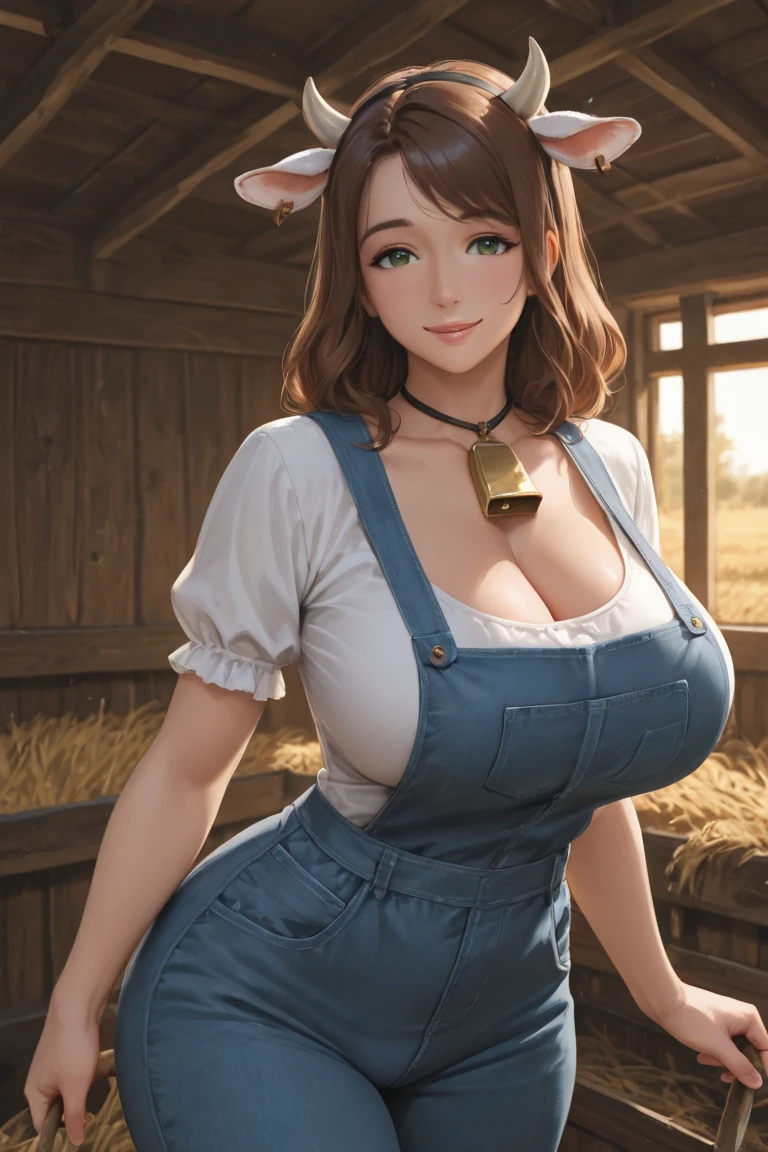 (masterpiece:1.2), (best quality:1.2), extremely detailed, (beautiful face), (perfect face), (perfect hands), (photorealistic:1.3), highres, short hair, cleavage, outdoors, village, (massive breasts:1.2), (gigantic breasts:1.2), Pasture, in field, farming, overalls, white t-shirt, sheep, model posing, Sweating