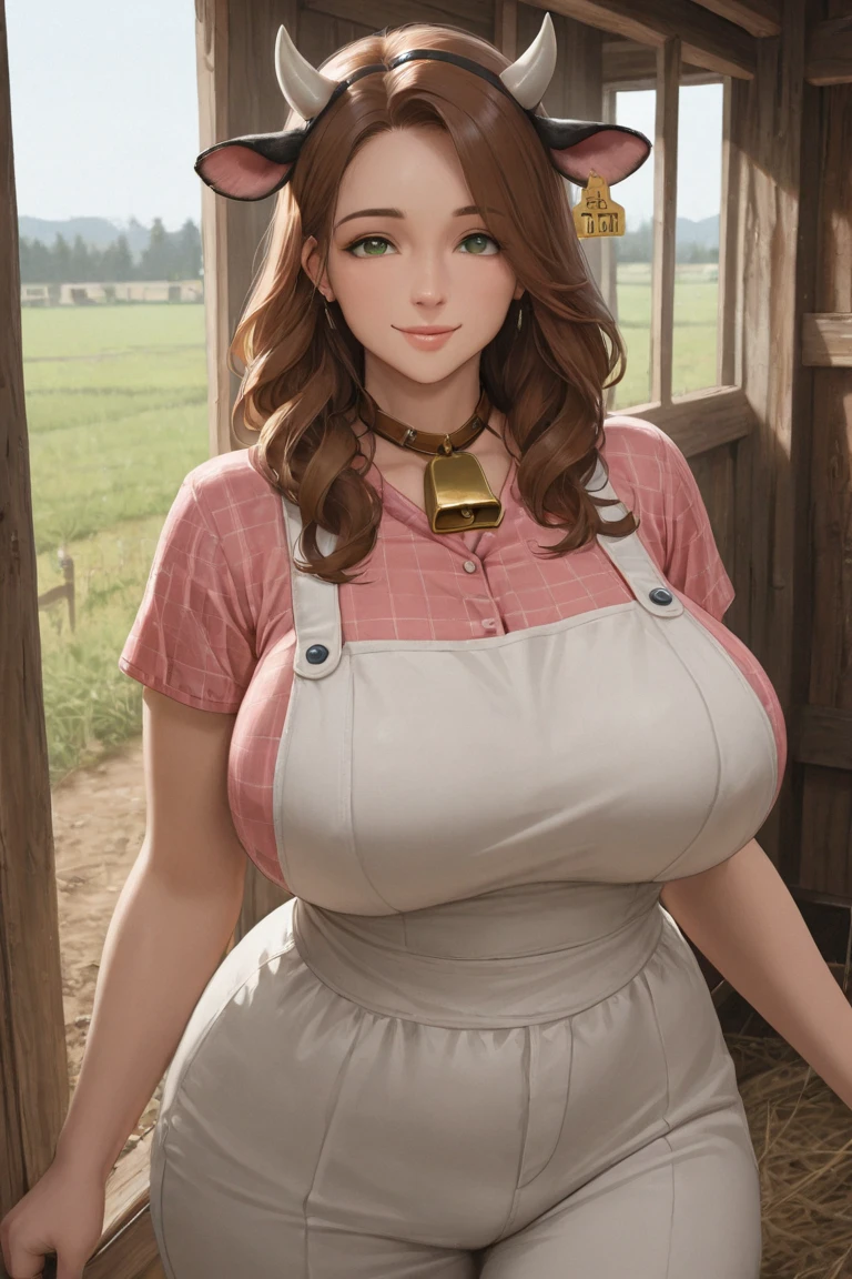 (masterpiece, best quality:1.4), illustration, 8k, hd, 1girl, solo, short_messy_hair, red_hair, dress, white_thighhighs, no underwear, short_sleeves, frills, apron, brown_eyes, cleavage, metal_collar, anchor_choker, maid, white maid, ((big breast, angry, delinquent, bully, piercing)), (restaurant, maid cafe) (Double Dutch braid:1.2),(giant saggy breasts:1.6)