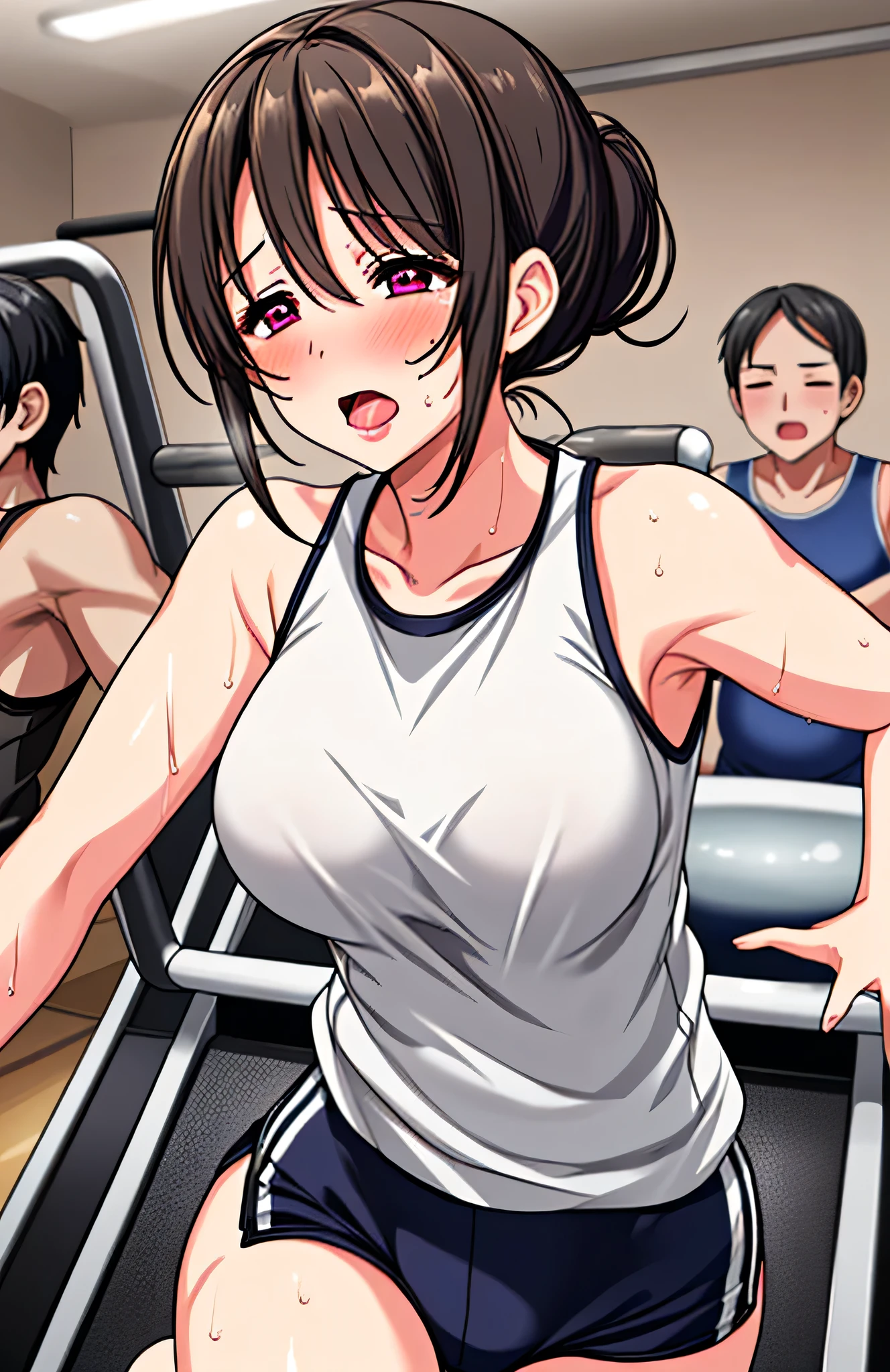 mature single woman、45 age 、Hair tied up、black hair、Dark Eyes、My whole body is sweaty、 clothes are wet 、A long tongue comes out of the mouth、white tank top、shorts with belly puffs、training wear、running on a treadmill、white breath、My legs, body, and face are sweaty、bras are transparent、 sports gym background、solo, high resolution,