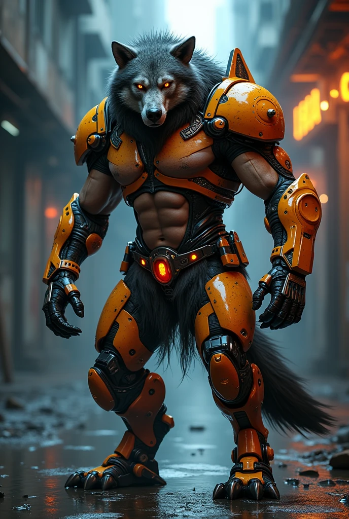 (mid_shot:1.3),(1 male:1.2),(muscle maned wolf:1.5),(frontal illumination:1.2),with a silver body and glitters with lights above,extreme iridescent reflection,in the style of vray tracing,vibrantmanga,shiny/ glossy,rococo pastel,fluid form,tinycore,fluid impressions,vray,machine aesthetics,yanjun cheng,silver,shiny eyes,fluidform.,the young warrior,male characteristics, detailed bulge, cyber