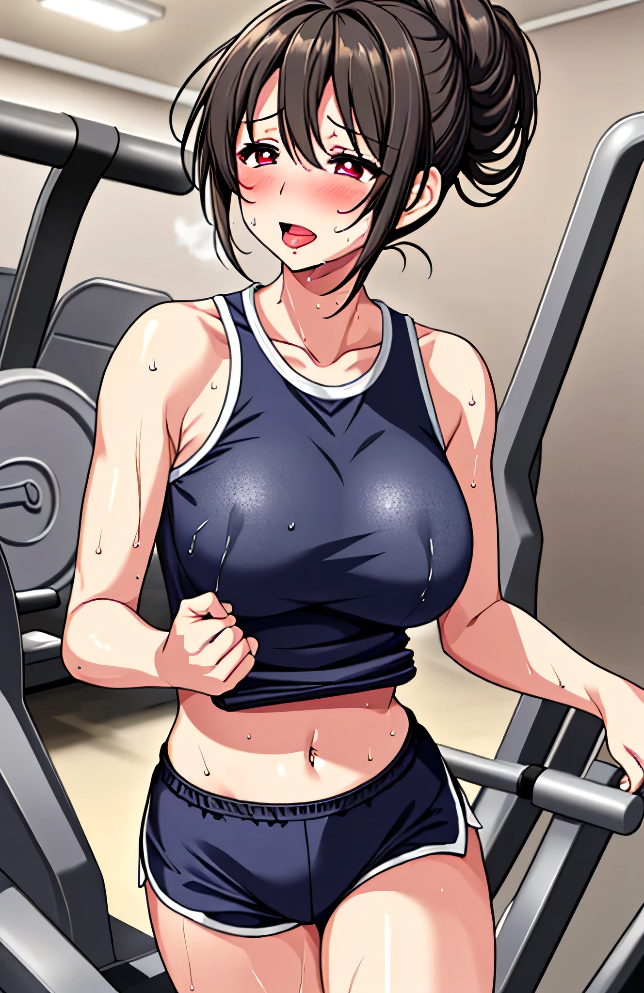 gym, workout, hot, sweating, sweaty, tan, big boobs, tan skin, flustered, blush, black clothes, see thru, yoga pants, man standing behind girl, man behind touching boobs, grabbing boobs, boob grab