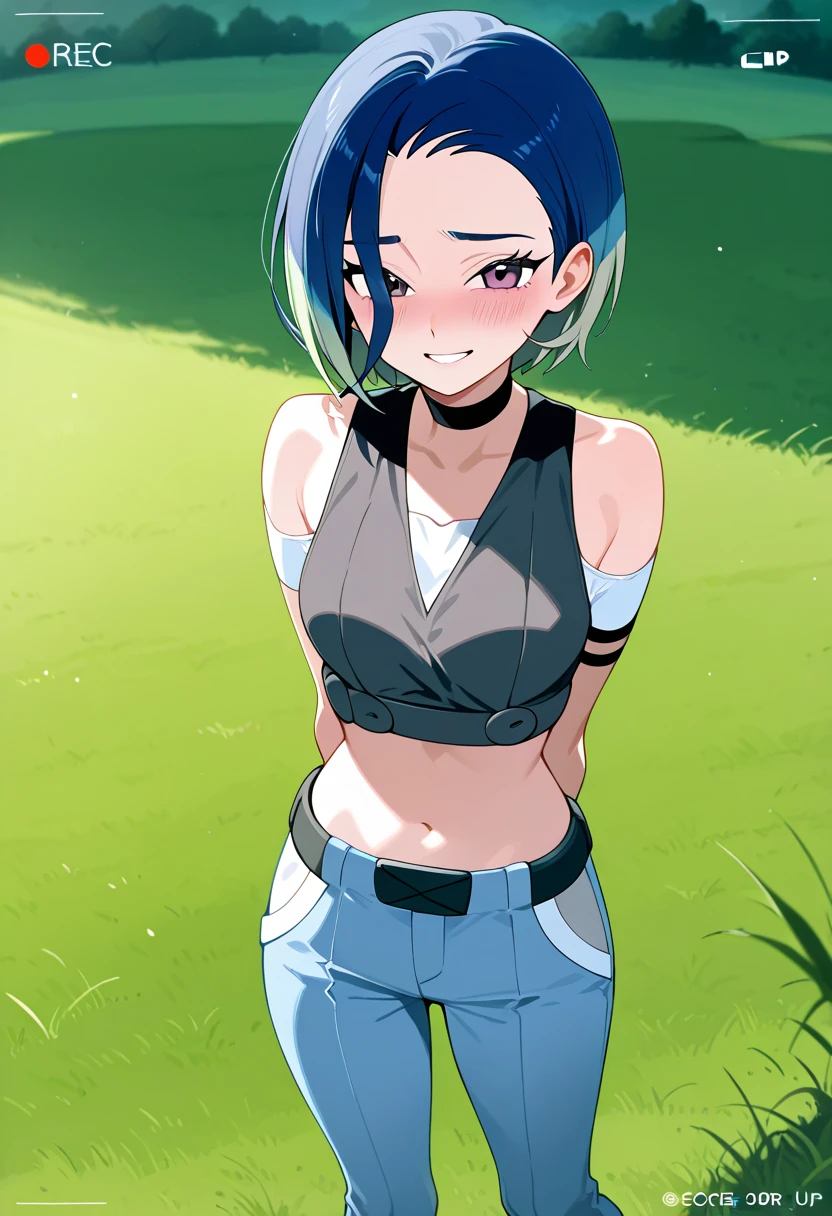 [jirou kyoka], [My Hero Academia], ((masterpiece)), ((HD)), ((high res)), ((solo portrait)), ((front view)), (waist up), ((detailed shading)), ((intricate details)), {(slim attractive figure), (earphone jack earlobes), (cute eyes), (short dark-blue hair), (short eyelashes), (small breasts), (curvy hips), (beautiful legs), (blank expression)}, {(purple tank top), (ripped black jeans), (thong straps on hips)}, {(hands behind head), (looking at viewer)}, [ambient lighting, park, sun rays]