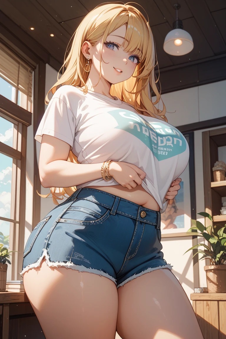 Maximum quality, masterpiece, high qualiy(Uma garota very beautiful, very beautiful) with light blonde hair, tied in long pigtails, big boobies, looking at me with a silly but delicate and kind smile, wearing a bulky sweater with long sleeves, wearing tight denim shorts with big thighs, outdoors among the trees.