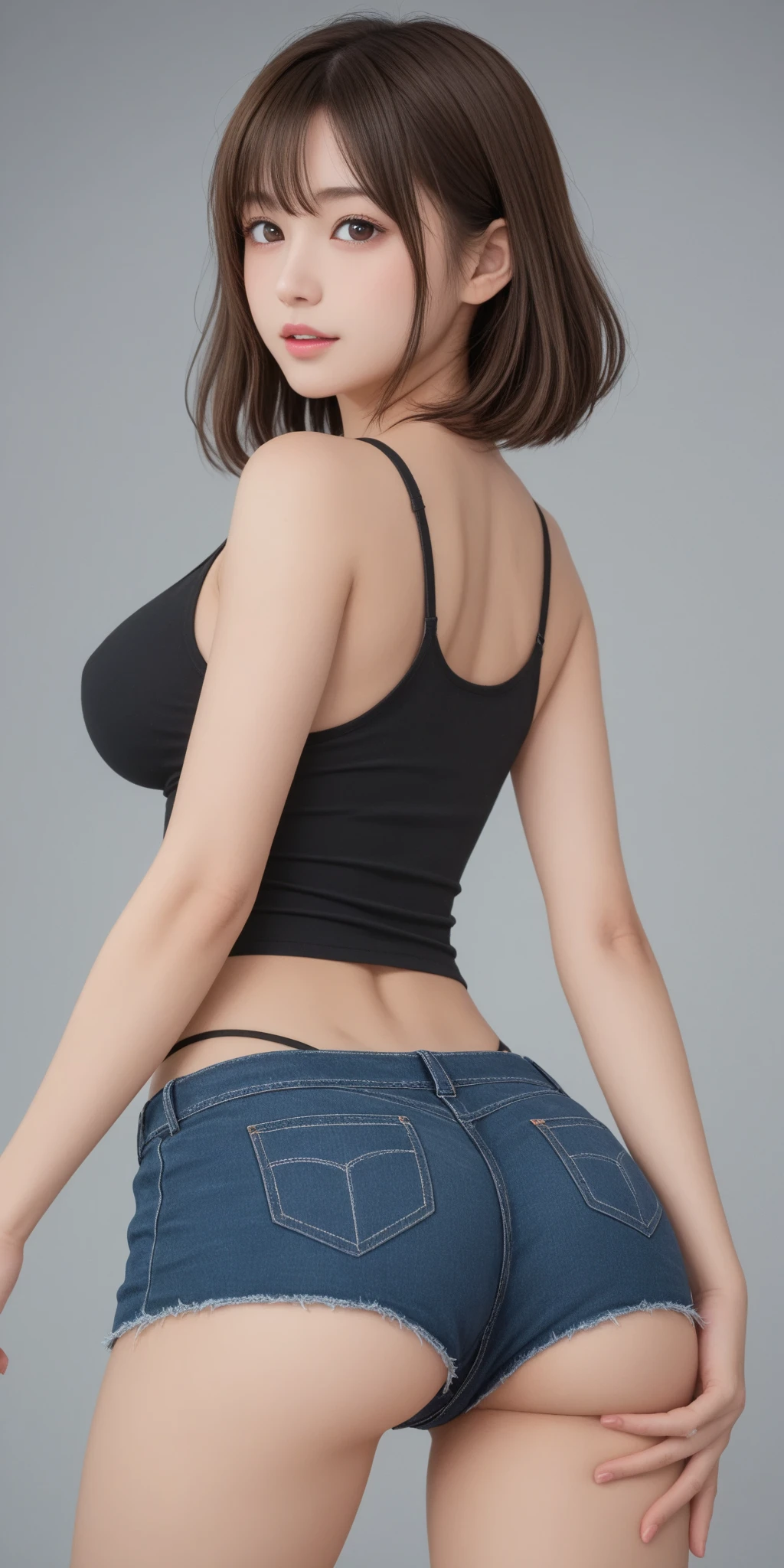 Beautiful 20-year-old girl with honey blonde hair wearing a black one-shoulder top and high-waisted jeans with a belt showing her belly button and thick legs