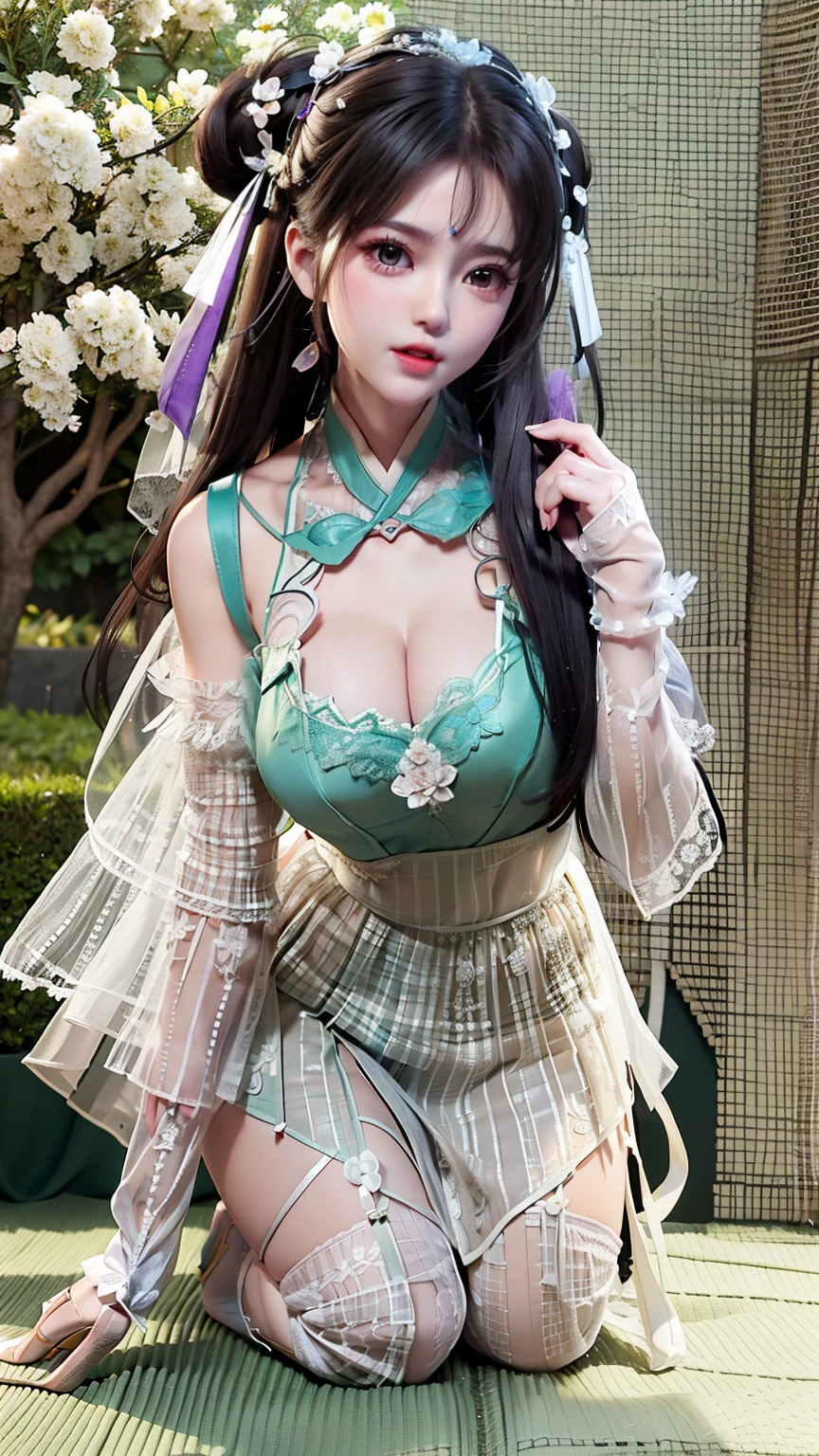 (nsfw), sexy stylish Thai model, only 1 female, ((doll-like appearance)), short Mahogany stylish hair, ((shiny Victorian-Style boots)), (big smile), ultra detailed eyes, vivid eye makeup, lipgloss, long lashes, defined eyebrows, ((sexy Paradise Kiss cosplay)), bell-shaped skirt, petticoats, high neckline, puffed sleeves, ((ultra detailed lace)), ((ultra detailed embroidery)), intricate details, Paradise Kiss accessoires and matching headpiece, choker, ((large sparkling Paradise Kiss jewelry)), cinematic light, detailed large park background with trees