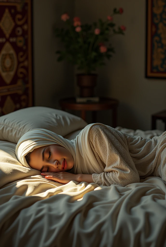 The beautiful,thin and clever asian muslimah adult girl with beautiful cheeks wears mountain zebra print lycra turtleneck unitard catsuit covered with stripes and mountain zebra print lycra elastane stretchy dancewear shawl hijab covered with stripes.She is sleeping on the bed.She always put fake zebra print stripes that are made of animal makeup marker kit.