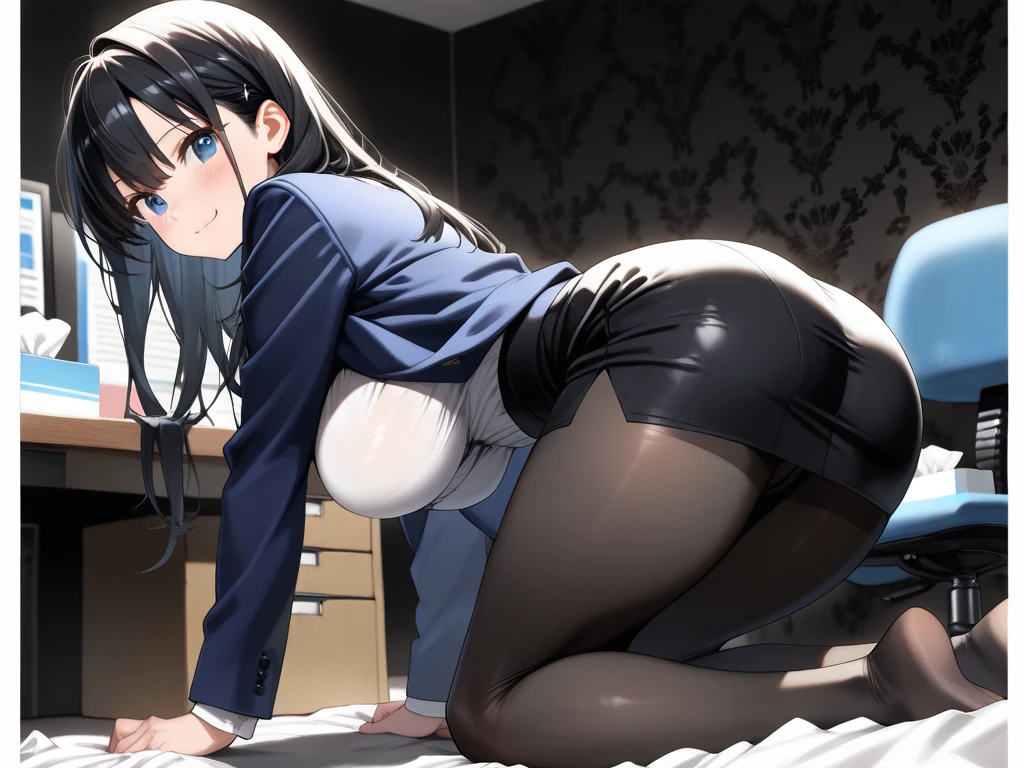 shinkai makoto, kimi no na wa., One Girl, bangs, bed sheet, Open your mouth, Black Hair, Embarrassed look、B Cup、 Brown eyes, Red Bow, Long Hair、ponytail、tie hair with red string、alone, White long sleeve shirt, Center of chest, Cowboy Shot, Lie in, Medium Chest, behind, Grey Skirt, Bedroom, Beautiful thighs、Showing nipples、Spread your legs、Show me your vagina、Show me your ass、、Being pushed onto the bed、On all fours、Turn your back,