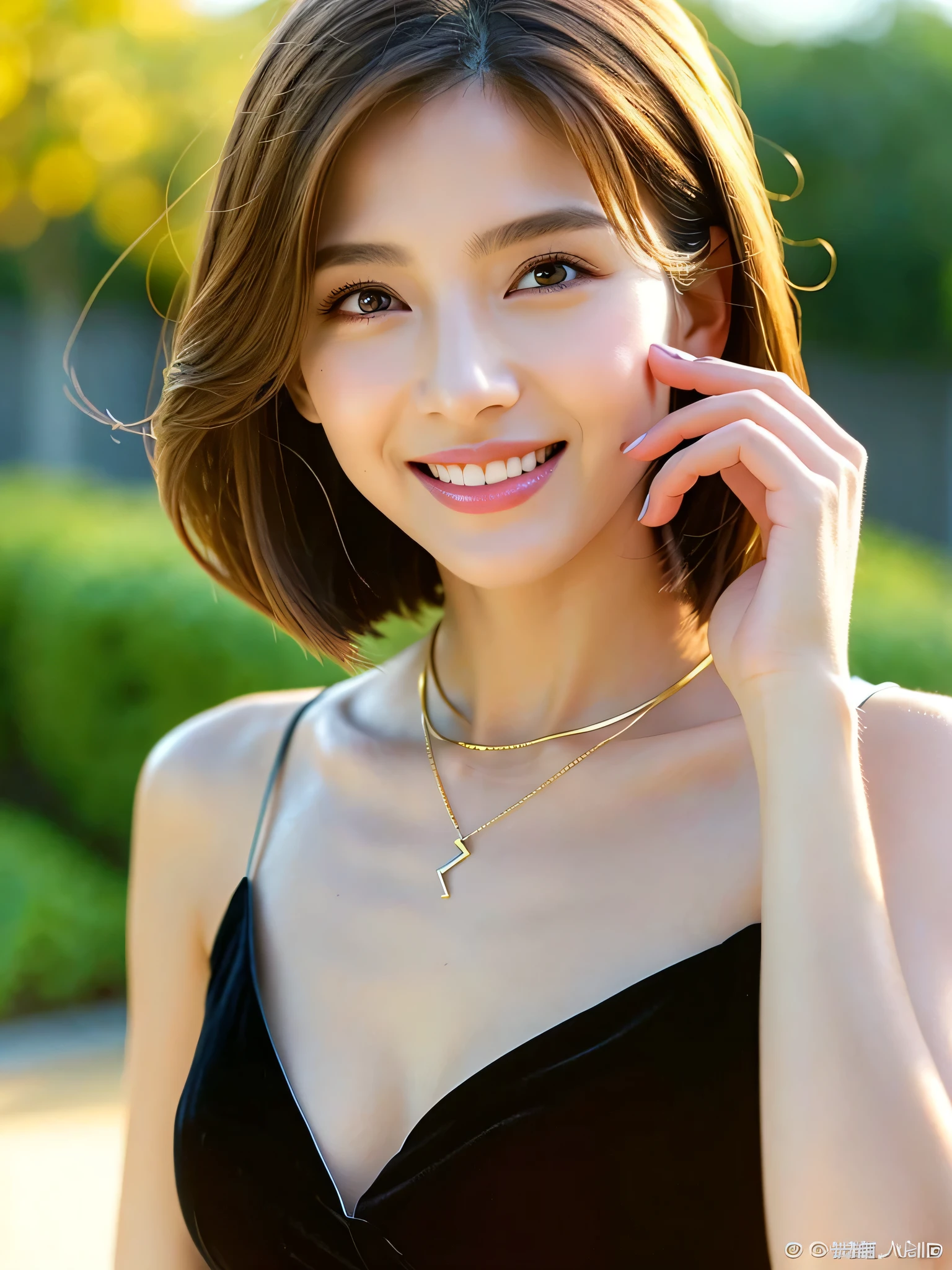 (highest quality, 4k, masterpiece :1.3), sharp focus, shallow depth of field, Bright colors, professional level, 20-year-old, 1 person, (Half Japanese and German woman), The face of a famous Japanese actress, Supple body :1.3, model body shape:1.5, perfect style:1.4, narrow shoulders, beautiful clavicle, long and thin legs, delicate body shape, The beauty of slim abs :1.2, thin waist :1.2, super detailed skin, Fair skin, Shiny skin, super detailed face, slim facial contour, beautiful small face, Beautiful lined nose, super detailed eyes, long slit eyes, brown eyes, double eyelid, Beautiful thin eyebrows, fine long eyelashes, super detailed lips, plump lips, glossy pink lips, flushed cheeks, beautiful teeth, Beautiful actress's ennui makeup, pink lipstick, dark brown hair, delicate soft hair, (hair up, medium short hair, ponytail:1.2), layer cut, (dull bangs:1.2), (stylish looking earrings,necklace,bracelet,shiny nail art:1.2), cute smile, open mouth half way, Enchanted expression, ((stare at the viewer)), (((photorealism,Shoot the whole body from the thighs:1.5))), ((The body is facing sideways)), Photographed directly from the front, cinematic lighting, dynamic lighting, (Dress up in a tight green polka dot dress:1.2), Luxury resort outdoor pool, Flowers are blooming in the background, blur the background, ((She is completely ????? and wearing a tight black nightgown.:1.4)), The areola of the breast is beautiful:1.2, (perfect breast shape, rich breasts:1.2), It is a small pale pink ??????., (She has a cute plump butt, My thighs are dazzling), (wet in the rain, wet in the rain, wet body :1.2),