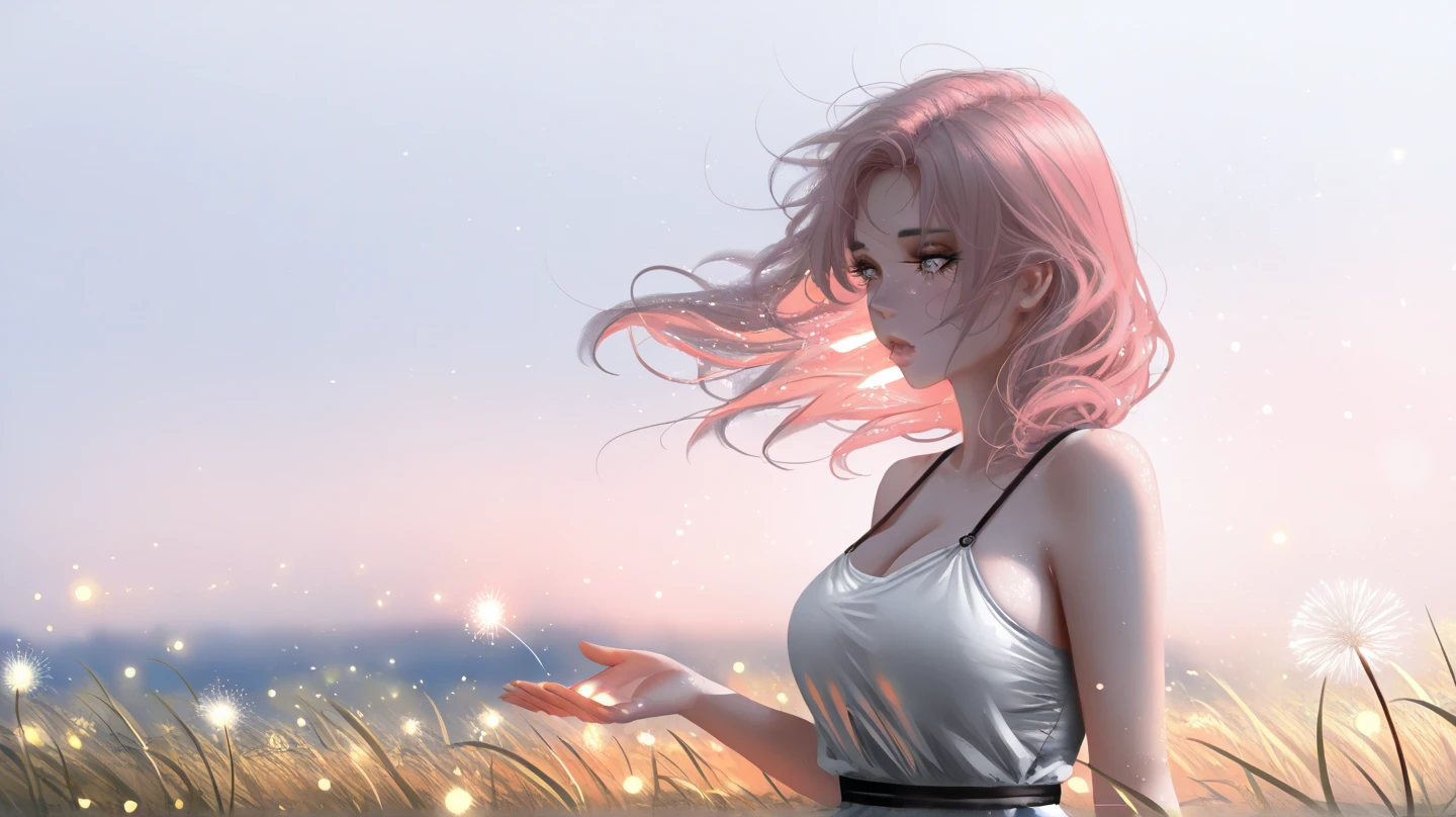 the quality of, masterpiece, Ultra-high resolution, Surrealism, ,pretty girl, luminescent, Practical, masterpiece, high detail, 4K, , light, laughing out loud, White skin、Top quality,HD details, wet watermark, Super detailed, Soft Light, Deep field focus bokeh, Ray tracing, diffusion (Ultra-fine glass reflection) Pictures of Sumet, masterpiece, best quality, delicate skin, 1 girl,bright face,Beautiful nose,Pink hair,,show the whole body, Ultra detailed face, Delicate lips, Delicate eyes, Double eyelids, Eyes that look like sunshine,white brown hair,damp,Sexy,blush,Squint,Mouth open,Chest 3:1,damp,Cleavage,look back、profile,Run and jump towards the sun,Half Body,Next to the road,