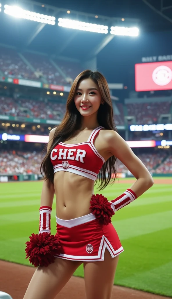 cheerleader ,health beauty, a handsome face, beautiful body, long legs, white skin,fine portrayal, Ultimate Details, baseball stadium, short skirt, tank top, Dance, Smile, sexy dance, healthy dance