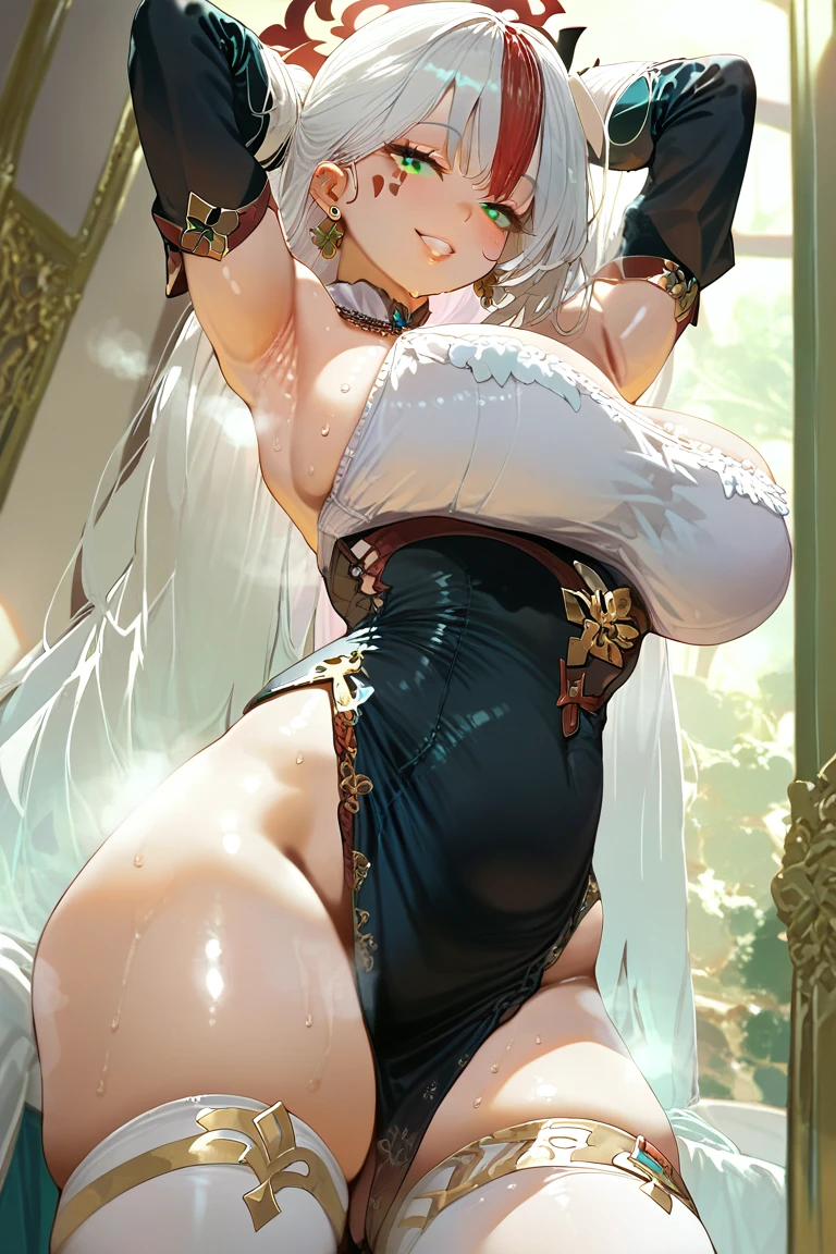 (hews art style:0.7), score_9, score_8_up, score_7_up, score_6_up, uncensored, olgamarie, yellow eyes, white hair, long hair, side braid, BREAK (masterpiece:1.2), best quality, high resolution, (beautiful detailed eyes:1.3), perfect lighting, (perfect hands, perfect anatomy), hearts, pleasured, silver hair, bedroom, book, large breasts, sagging breasts,1girl, breasts, mature female, solo, navel, virgin destroyer sweater, jewelry, necklace, spread legs, looking at viewer, bored expression, looking down, collarbone, holding_pipe, squatting, thighs, curvy
