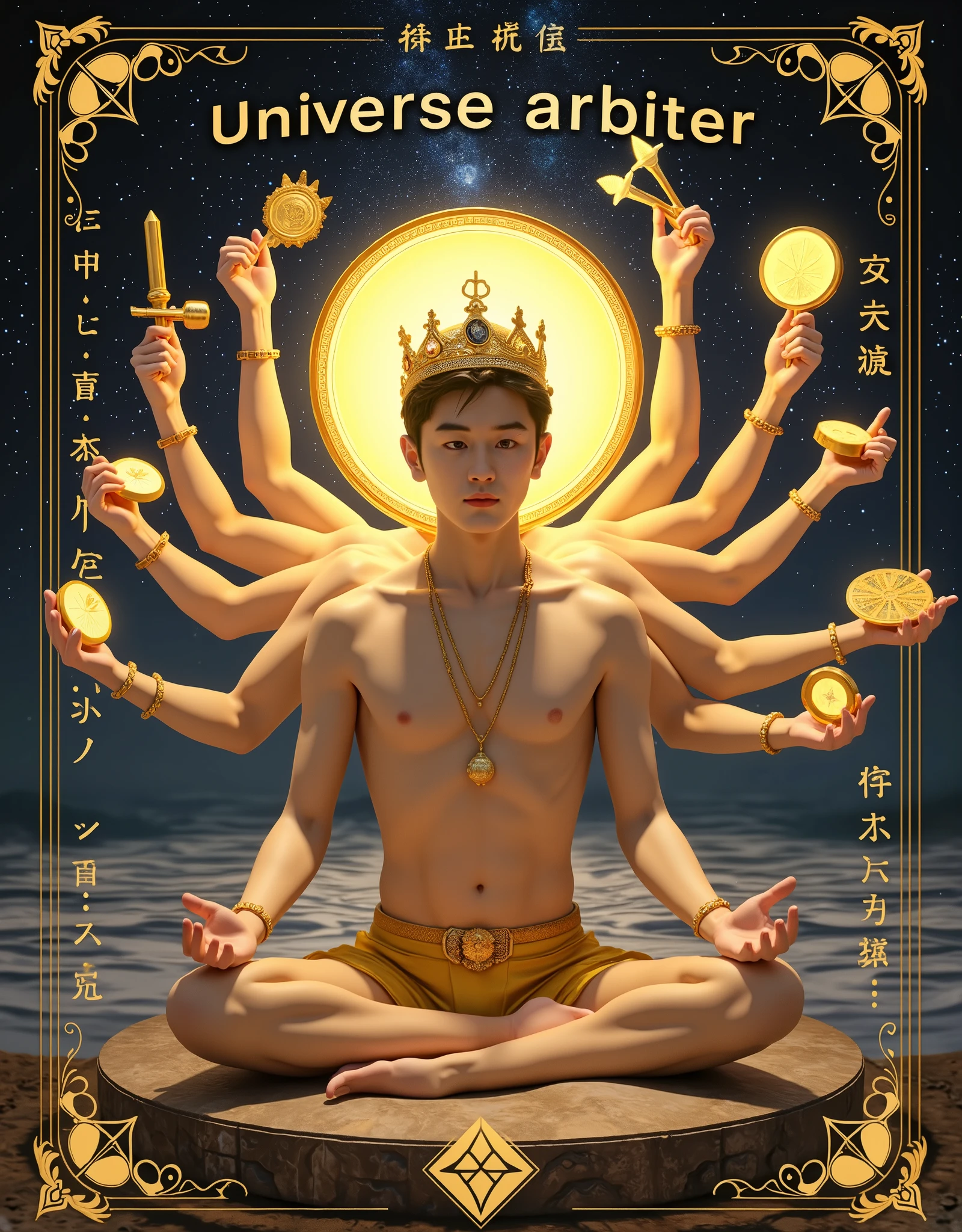 1 Boy, masterpiece, Realistic, photo writing quality, Best quality, Ultra High Resolution, absurd, Playing card style, Rare cards, Golden flash card, card is divided into a picture section and a text part, The picture part is a central arrangement of five golden pentagonal star-shaped geometric patterns above the face of an Asian male deity in meditation(Disc with a disc floating in the air), young, Very Handsome, Perfect Face , eight arms(each arm holding a glowing golden treasure: Handbell, sword, Gossip Mirror, Mallet, Copper ring, fan, Small Axe, Pincushion), Decorated with gold-plated crown, Glittering gold gems The decorative, Gold back halo, Bare upper body, Pale Skin, Slim Body , Muscle Development, Good looking abs, perfect body proportions, Starlight Shorts, Full Body Gold Luxury, night, starry sky, wave, ocean, Compassionate facial expression, Soft light background, Cinematic Light, crystal jewelry , part of the text is written: "Universe arbiter" (below this text: ATK 2000, A diamond geometric pattern with a scale pattern in between, HP 2000), The composition is clear, 8K resolution,