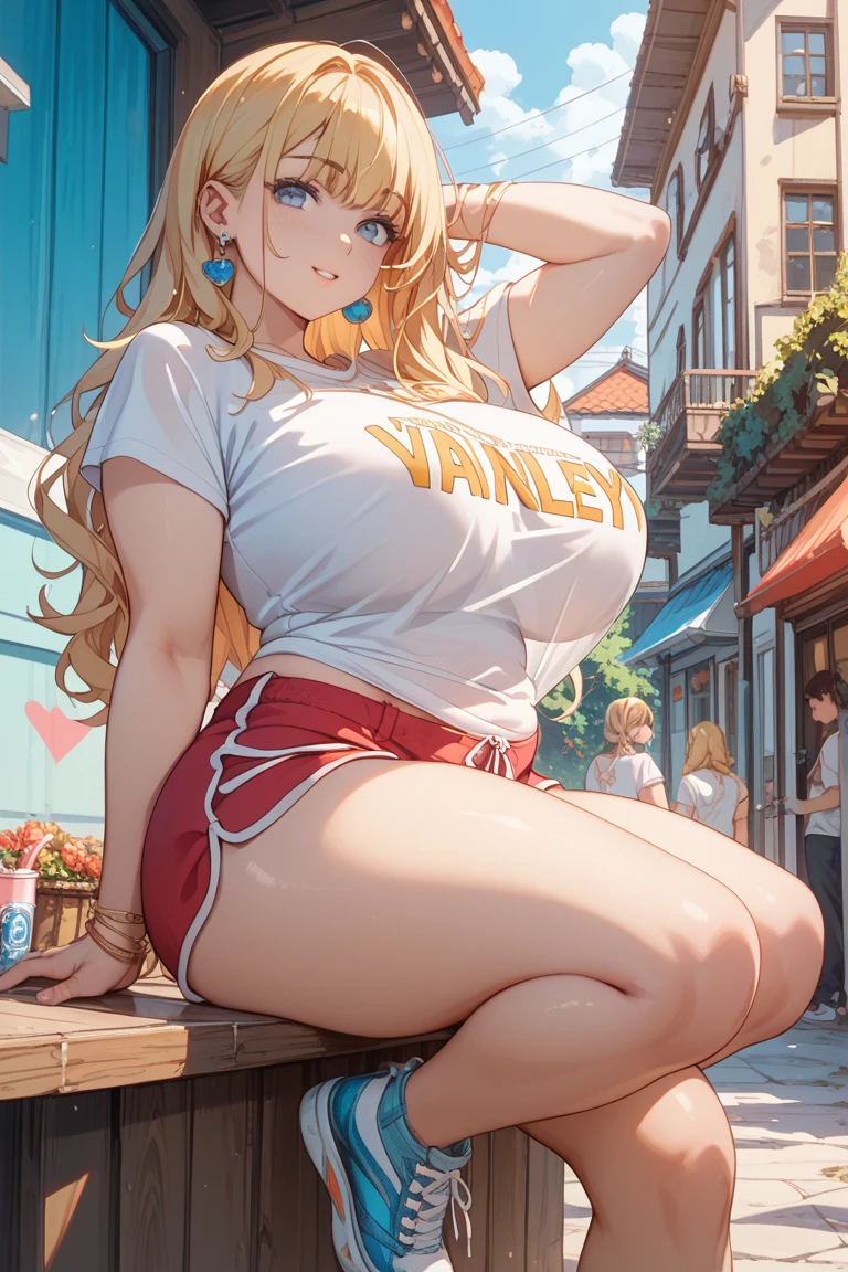 ((Best quality)), a beautiful young woman with pale skin, pretty legs ((big hips)), huge breasts, huge breasts ((huge breasts)), thick thighs, very long straight blonde hair, two pigtails, bangs, pink eyes, with a light pink short-sleeved croptop, short white plank skirt, brown hiking boots, gray bracelets, beautiful look, hands on the hip, view from below