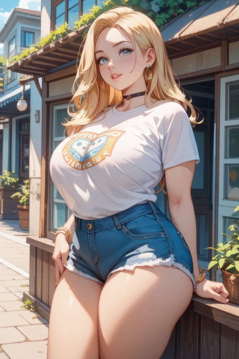 1girl, solo, blonde hair, blue eyes, tan, ganguro, long hair, wearing a small tshirt, denim jeans, tanlines, makeup, wristband, lipstick, jewelry, masterpiece, blushing, art by lazorchef, by kipteitei, lipstick, jewelry, female angry, (obese belly):1.8, massive SSBBW body, massive soft hyperbelly, soft massive obese belly, cute chubby feminine face, sensual pose, soft obese arms, mesmerizing eyes, gorgeous supermodel face, long hair small navel, frown, looking at viewer, beautiful day, jewelry, blue eyes, earrings, blushing

