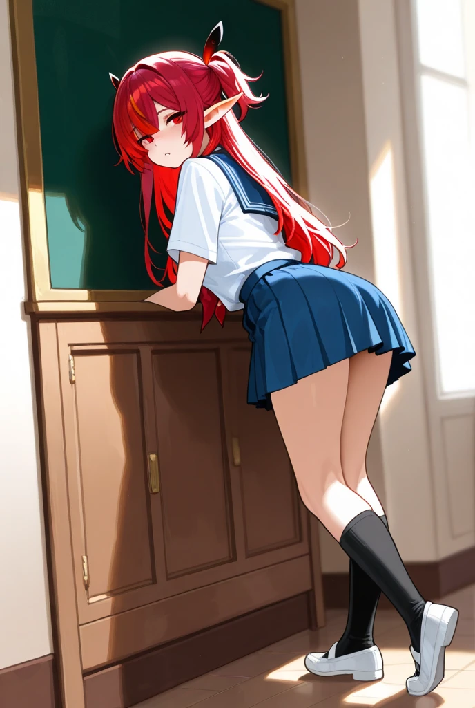((1girl)),((alone)),RiasGremory,(masterpiece), (best quality), (ultra detailed), (best illustration), (best shadow), (absurdities), sharp focus, cowboy photo, dynamic pose looking at viewer, large breasts, narrow waist, wide hips, medium thighs, round butt, dynamic posture, red hair, long hair, blue eyes, ahoge, white shirt, striped shirt, long sleeves, bow at neck, black bow, black corset, red skirt, short skirt, bare legs, white socks, brown loafers, smiling, playful look, seductive smile, closed mouth, seductive expression, (sexy pose: 1.2), ((solo)), standing : 1.4, interior, school, classroom, desks, desk, window, sunset, looking back, from behind, ((focus on ass), point of view (from below), red blush, perfect anatomy, hands perfect