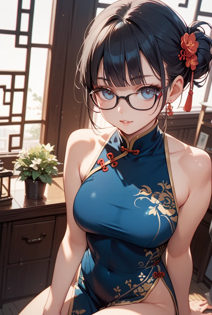 1girl,18yo,perfect hands, perfect finger,perfect ???????, masterpiece, best quality,realistic, hyperrealistic, 16k hdr,, aamii, short hair, black hair, blue eyes, glasses, (china dress:1.1),outdoor,standing,(sweat:1.2),(happy smile),large breasts,upper body,