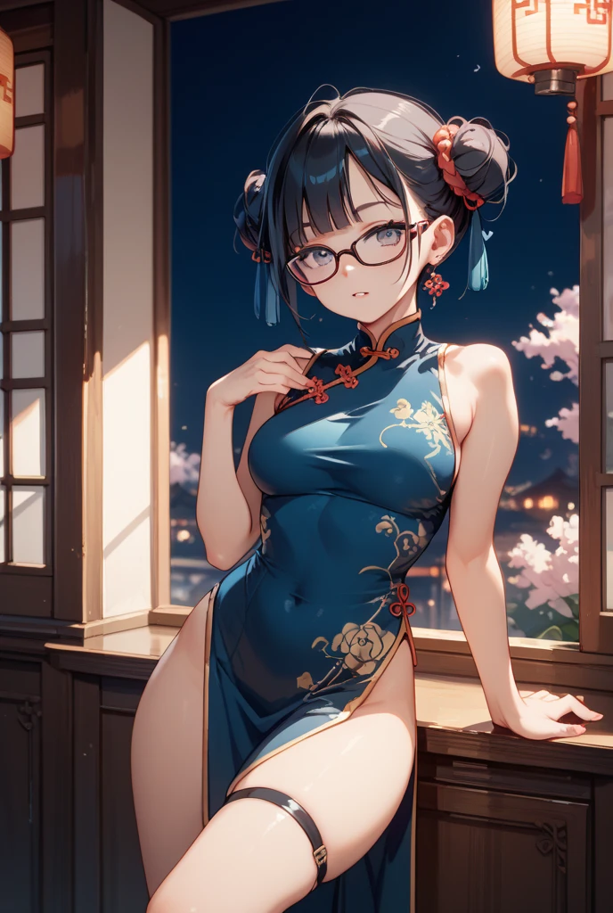 Beauty, Glasses, Blue Hair, semi-long, Diva, Moonlit Night, Chinese clothing, 