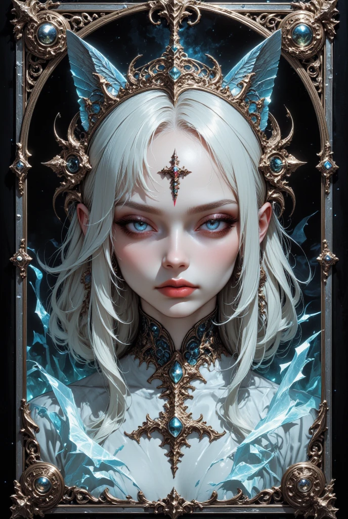 (masterpiece), pay attention to facial details, symmetrical facial features, face kindness, sculptural figures, high contrast, fantasy light and shadow, high color saturation, mysterious atmosphere, streamlined posture, black robe, white hair, circle hanging from the waist, in front of everyone's eyes, like a god descending to the earth.