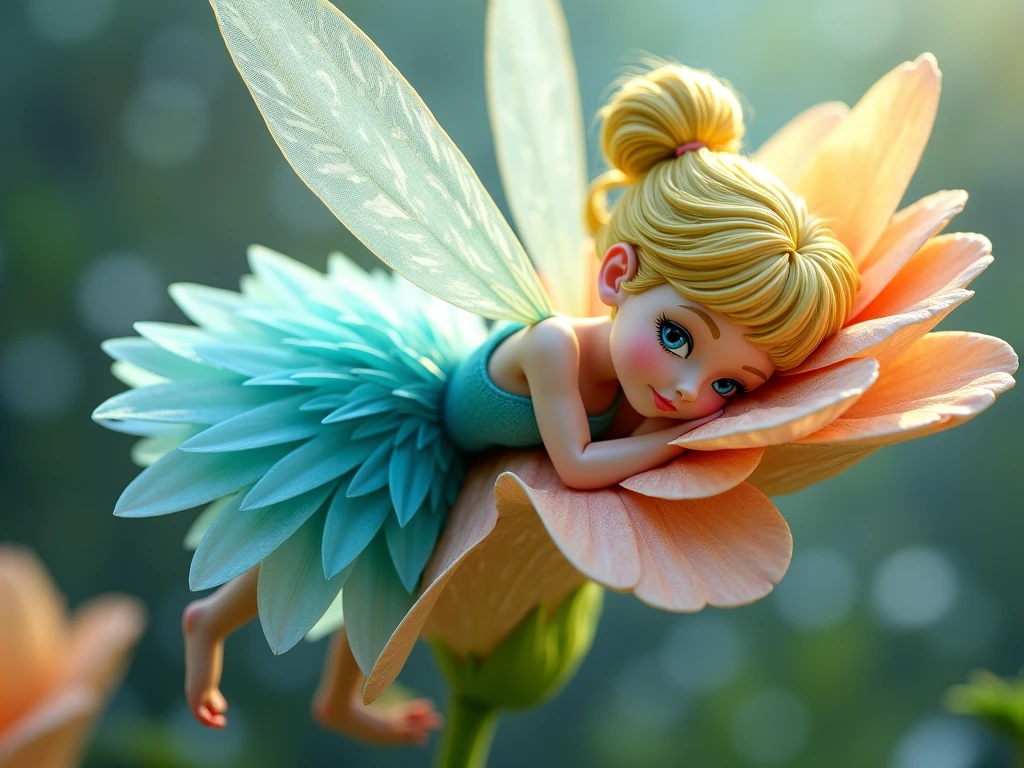 There is a fairy sitting on a flower with a butterfly on her back ...